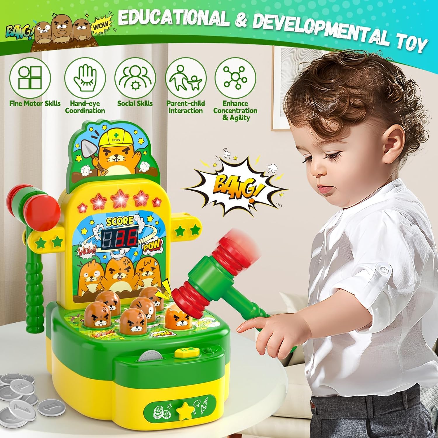 Mole Whack Spiel für Kinder ab 3 Jahre, Whack Spiel mit 2 Hämmern, Hau-den-Maulwurf-Spiel Interaktives Musik Spielzeug Elektronische Spiele zur Förderung der Motorik, Entwicklungsspielzeug