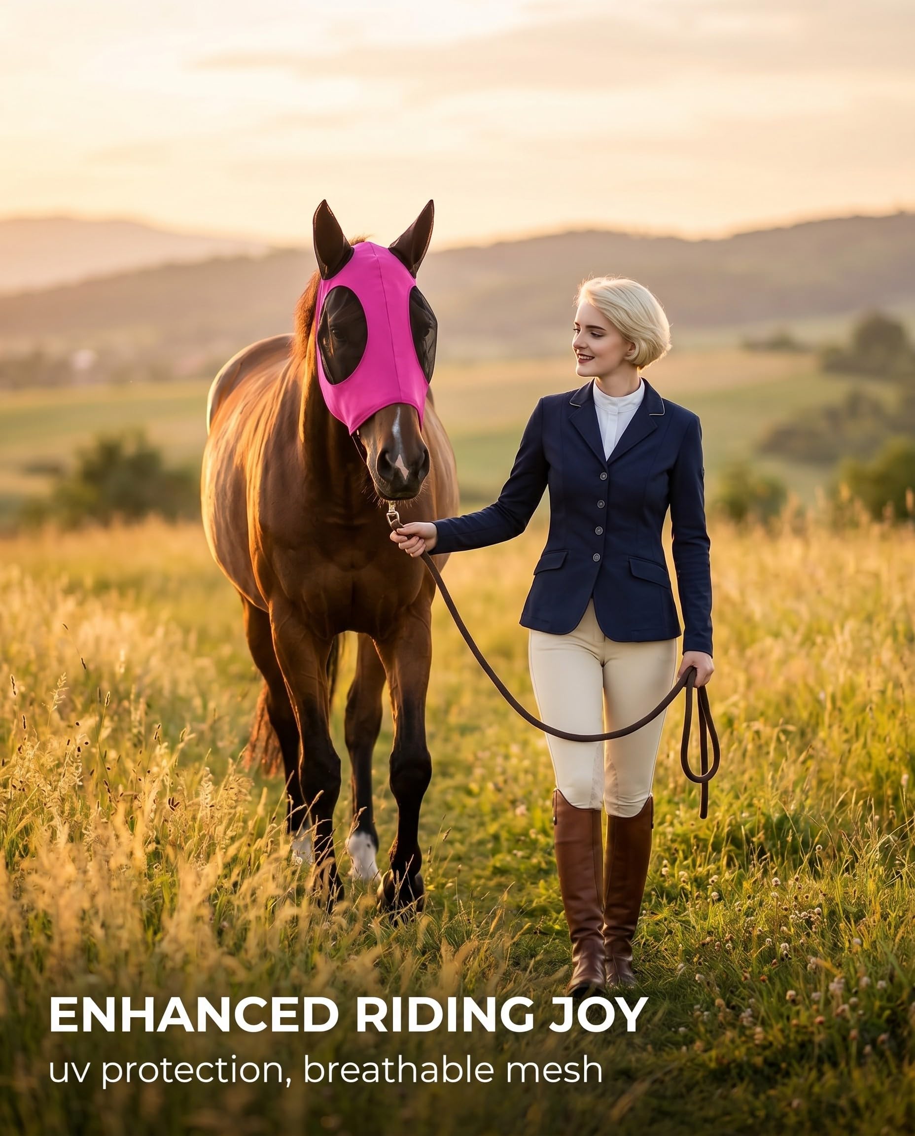 1 Pz Maschera per Cavalli Rosa Fucsia con Paraorecchie, Protezione UV & Insetti, Rete Traspirante per Benessere Equino