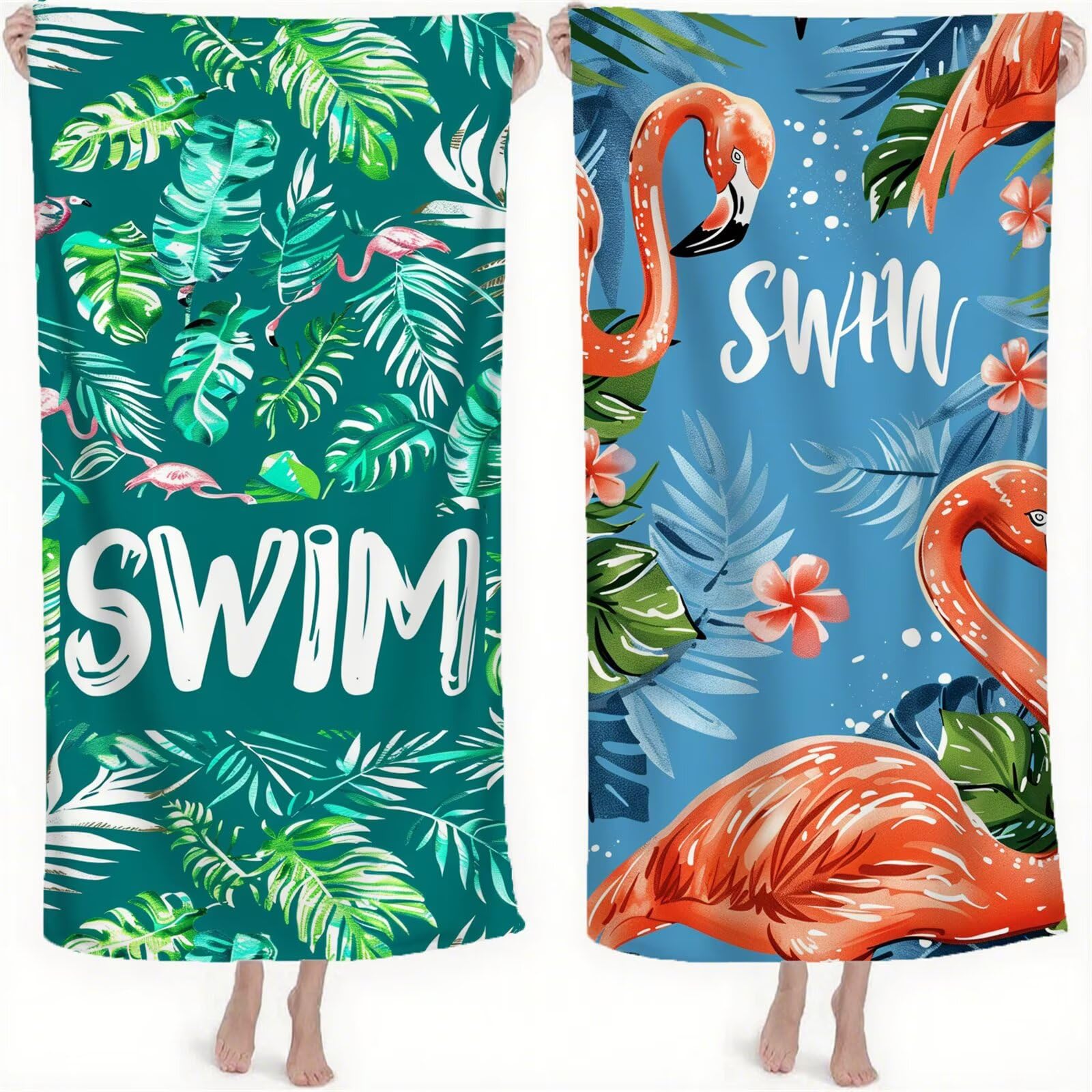 Mikrofaser Strandtuch Handtücher, Strandhandtuch Groß 90x200 cm 2 Set Handtuch Leicht Badetuch, Stranddecke Sandfrei Strandtücher Sommer Strand Zubehör für Reise Picknick Schwimmen Flamingo S-803