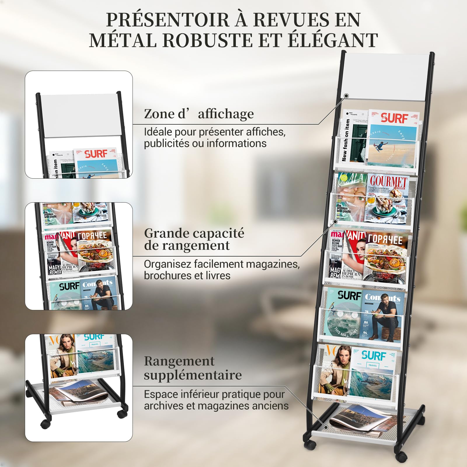 SUNDOY Portariviste su ruote a 5 livelli, espositore per riviste e cataloghi su piedistallo, supporto mobile per ufficio, fiere, casa e casa (5 strati, larghezza 32,5 cm)
