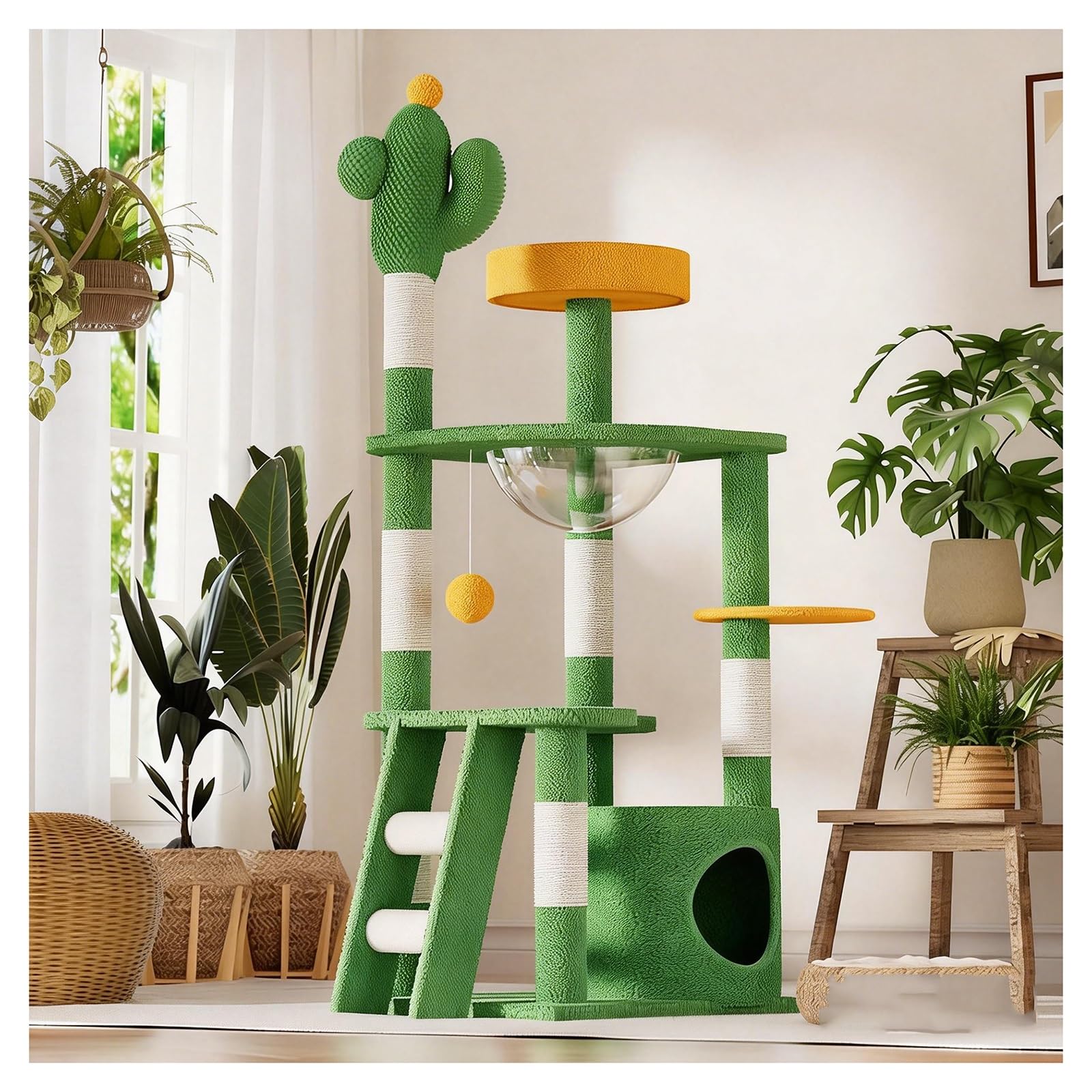 Tiragraffi a Forma di Cactus con Capsula Spaziale Tiragraffi per Gatti Include Colonna in Sisal Cuccia e Scaletta Robusta Base con Pallina Giocattolo Cuccia Spaziosa con Elevata Capacità di Carico