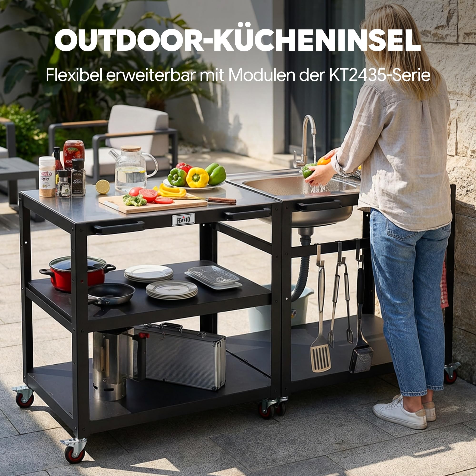 Grillwagen Outdoor Grilltisch Outdoor Pizzatisch Servierwagen outdoor | 90x65x83 cm Pizzaofen Tisch mit Edelstahlplatte, höhenverstellbaren Zwischenboden, für Küche, Terrasse, Buffet, Party