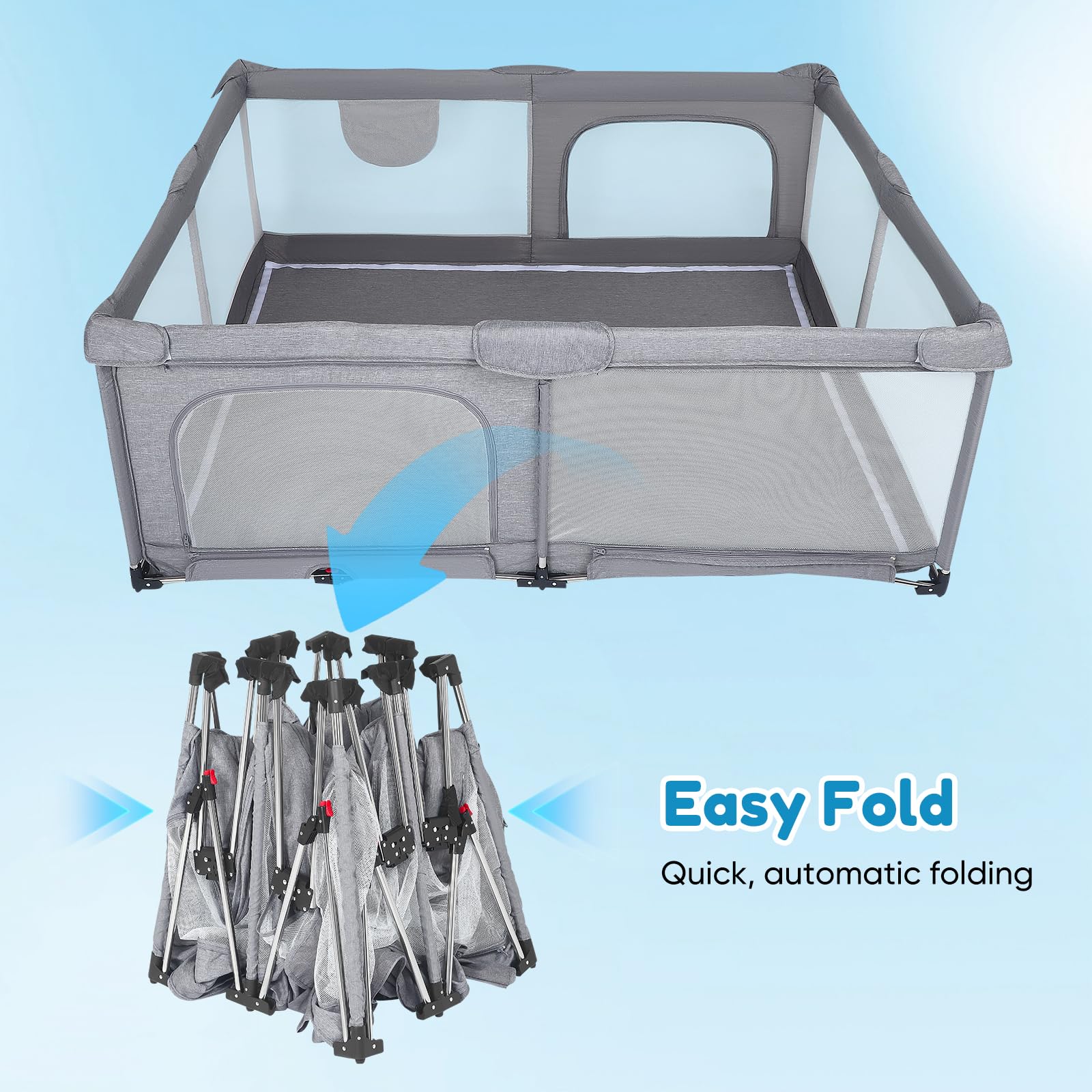 Faltbarer Laufstall Baby 180x150cm, 2 Seiteneingänge, Netz, weiche Kanten | Ohne Montage Nutzbar,Indoor & Outdoor Laufgitter & -Ställe mit Atmungsaktivem Netz & Pull-up Rings