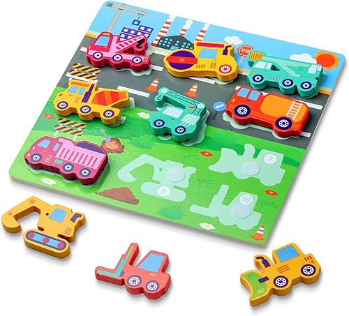 Rompecabezas de madera para niños pequeños a partir de 3 años, 10 piezas de vehículos de ingeniería, rompecabezas de madera a todo color,