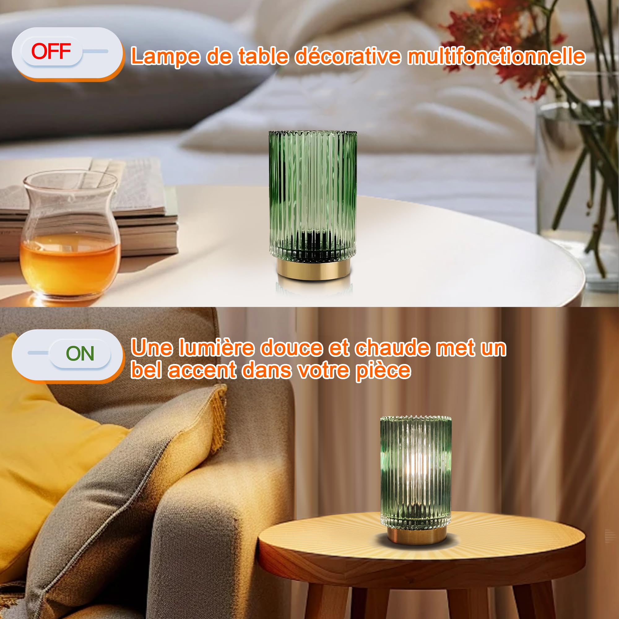 Lampe de Table sans Fil Rechargeable - Lampe de Chevet Lampe Nuit en Verre Romantique pour Chambre Salon Café Bistro Restaurant(Vert)