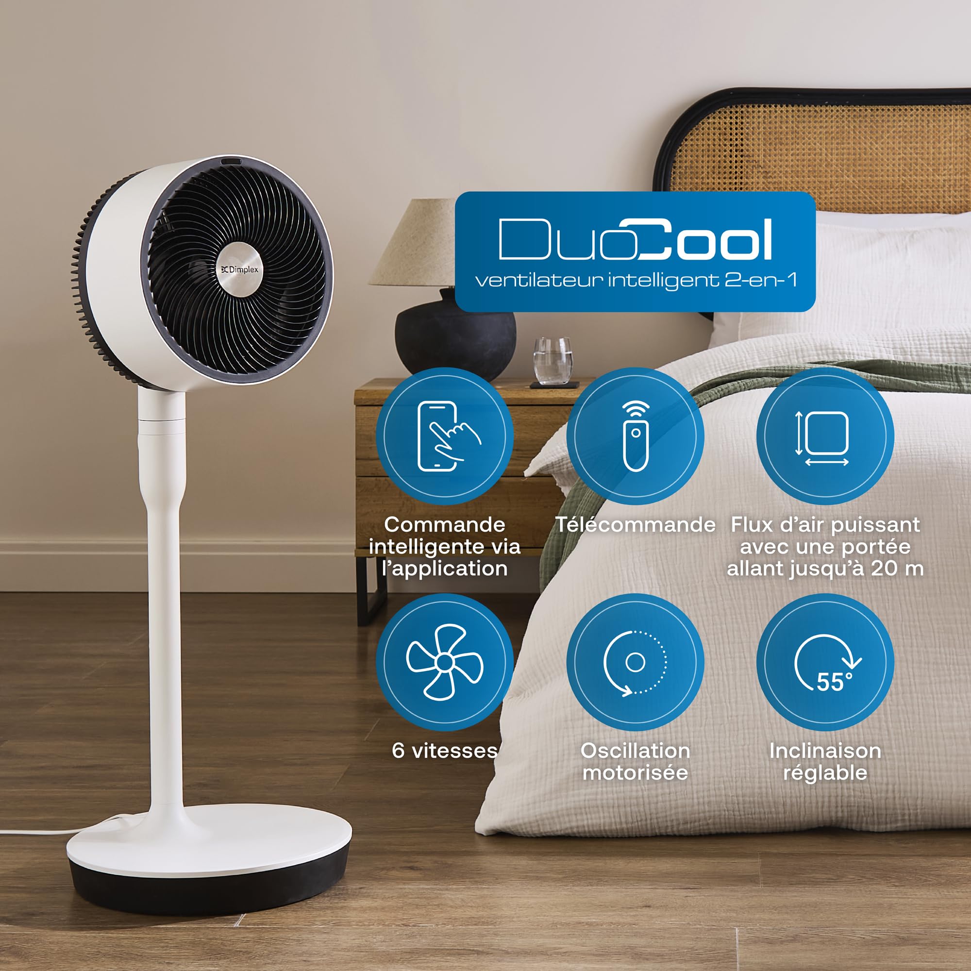 DIMPLEX DUOCOOL Smart Ventilateur 2-en-1 sur Pied & de Table Blanc, 5 Vitesses + Turbo, 20 m, 36 dB, App, Google Home & Alexa, Télécommande