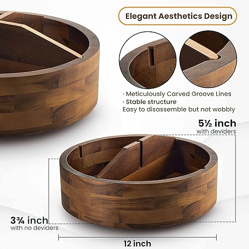 Miniatura 3 de Organizador Lazy Susan de madera de acacia de 12 pulgadas con 4 divisores, plato giratorio de madera para mesa, encimera, bandeja de almacenamiento