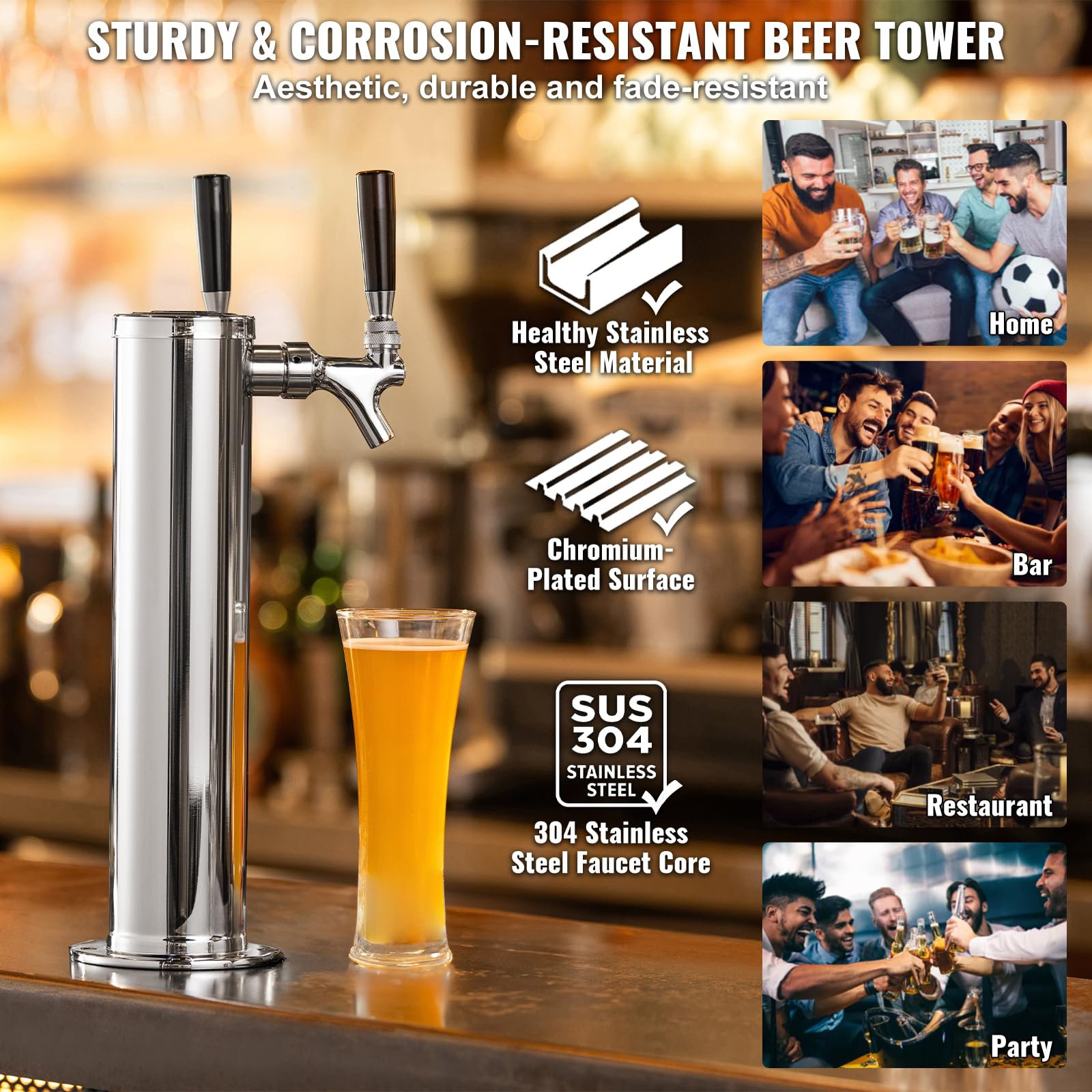 VEVOR Kegerator zestaw do konwersji piwa z dwoma kranami, dozownik wieży piwa ze stali nierdzewnej z podwójnym urządzeniem pomiarowym W21.8 i sprzęgłem beczkowym systemu A, tacka na imprezy w domu