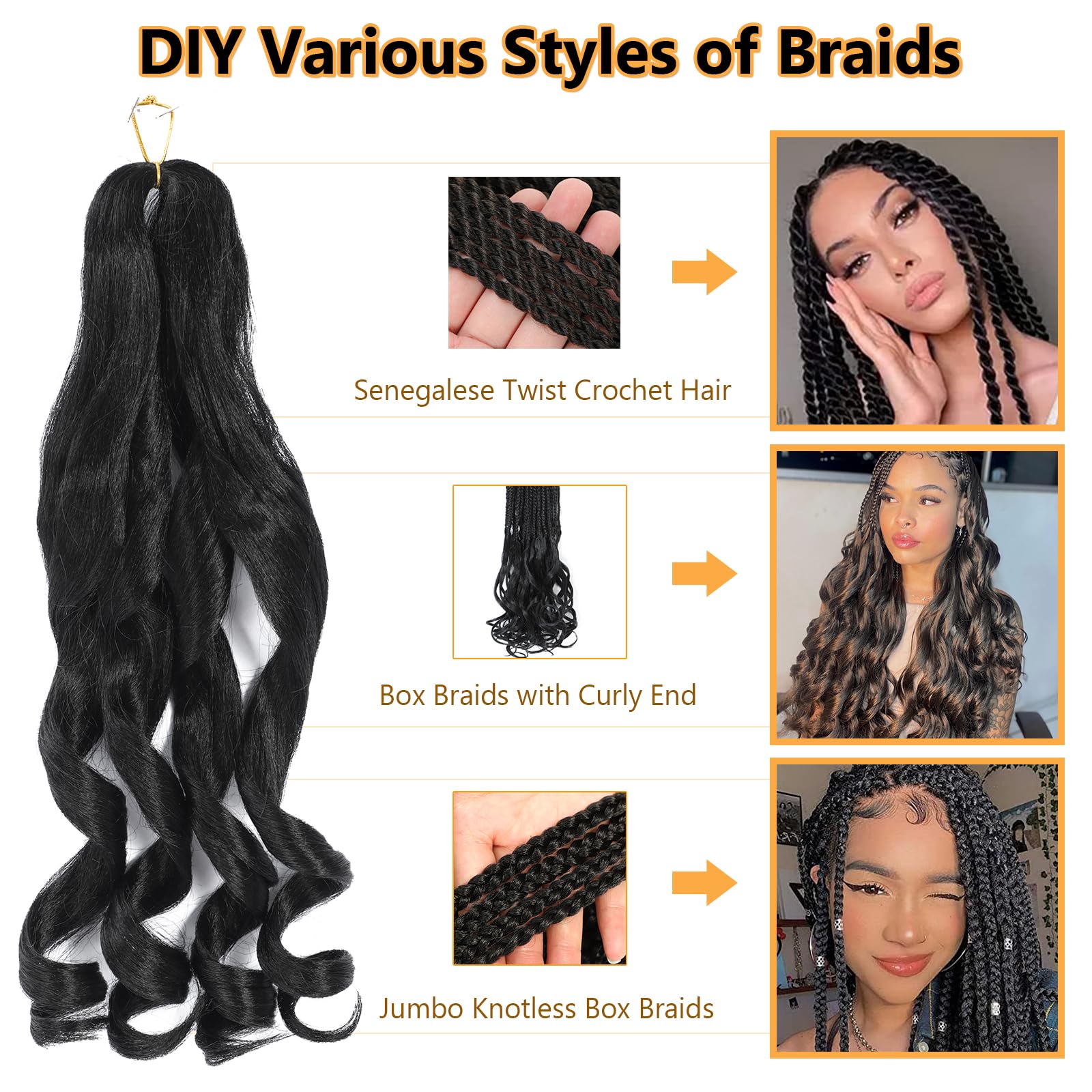 French Curl Braids 16 Inch 8 Packs Black Bouncy Braiding Hair Extensions Meches Boucle Pour Tresses Africaine Synthetic French Curl Crochet Braids