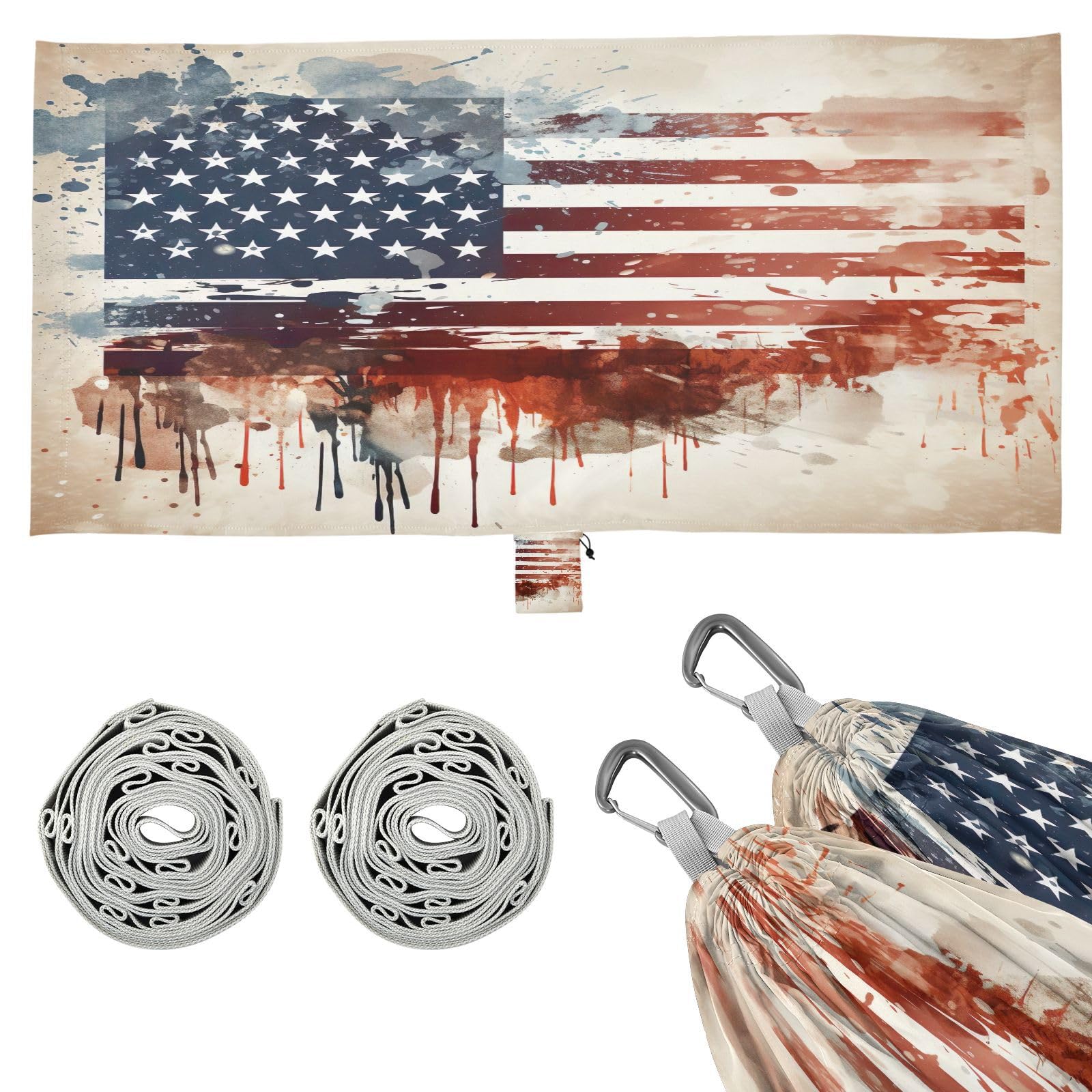 Kigai American Flag Camping Hammock Durable & Portable Travel Hammock Holds 330lbs with Tree Strapsm, Pocket, Camping Accessories