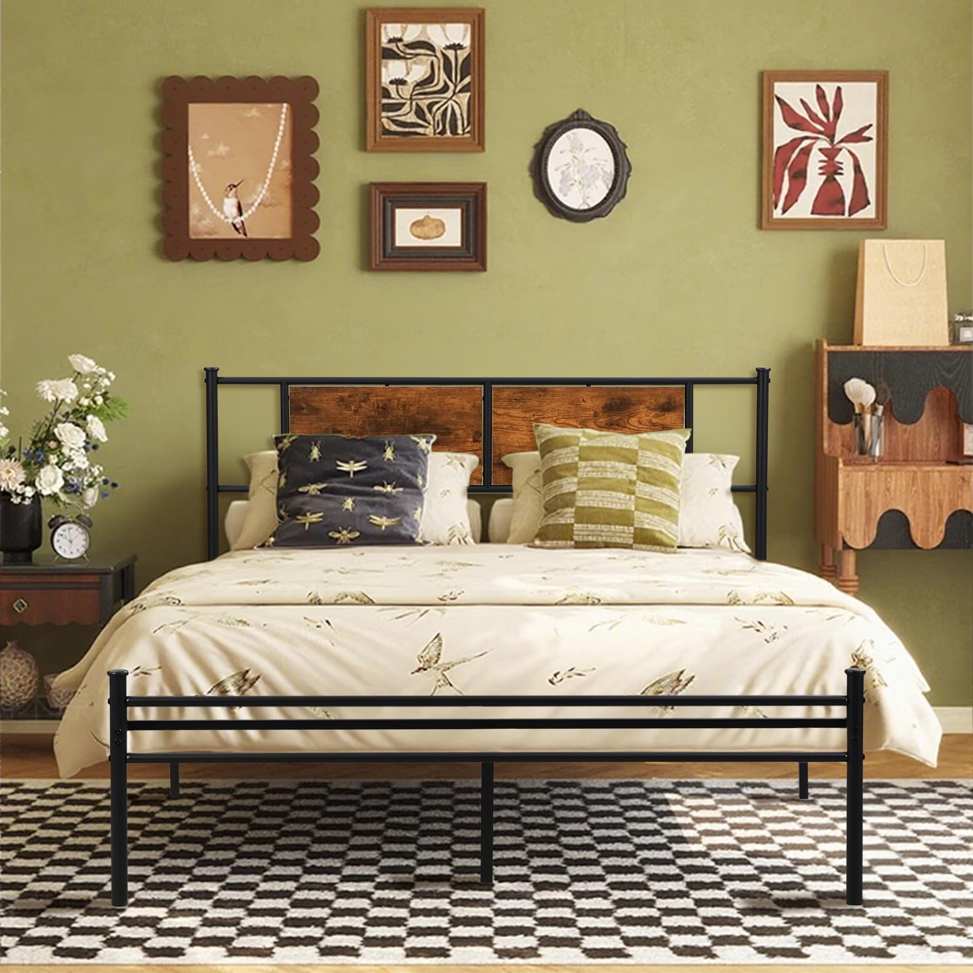 Full Size Metal Bed Frame Farmhouse Platform Bed with Wood Headboard Heavy Duty Sturdy Mattress Foundation Under Bed