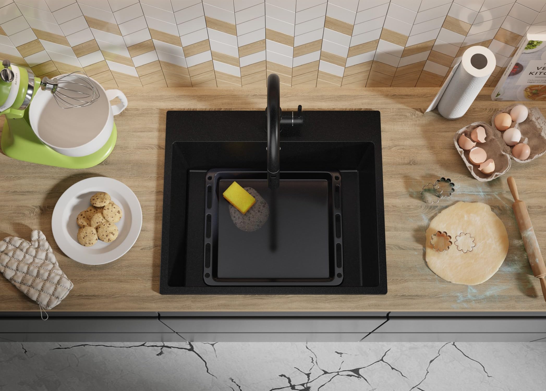 PRIMAGRAN Fregadero Cocina Negro 58x50cm, Granito 1 Seno + Sifón, Sobre Encimera al Mueble 60cm - Riga S305