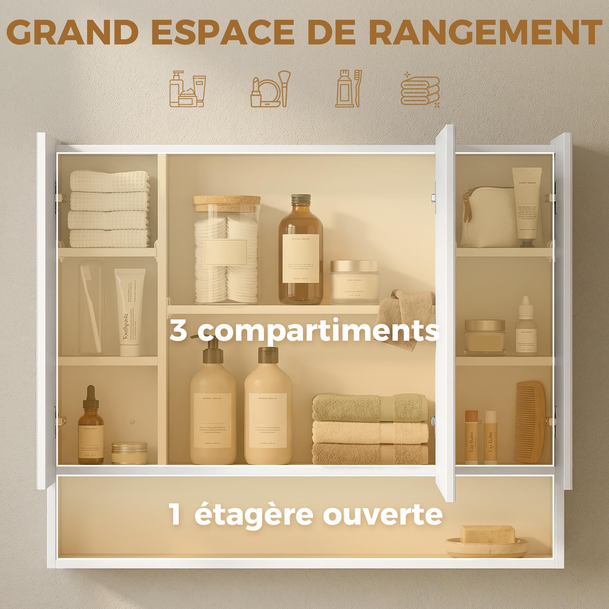 kleankin Armoire Murale Salle de Bain avec Miroir, 90 x 15 x 75 cm, Meuble Salle de Bain, Armoire de Toilette avec 3 Portes Miroir, Compartiment Ouvert et étagères réglables, Blanc