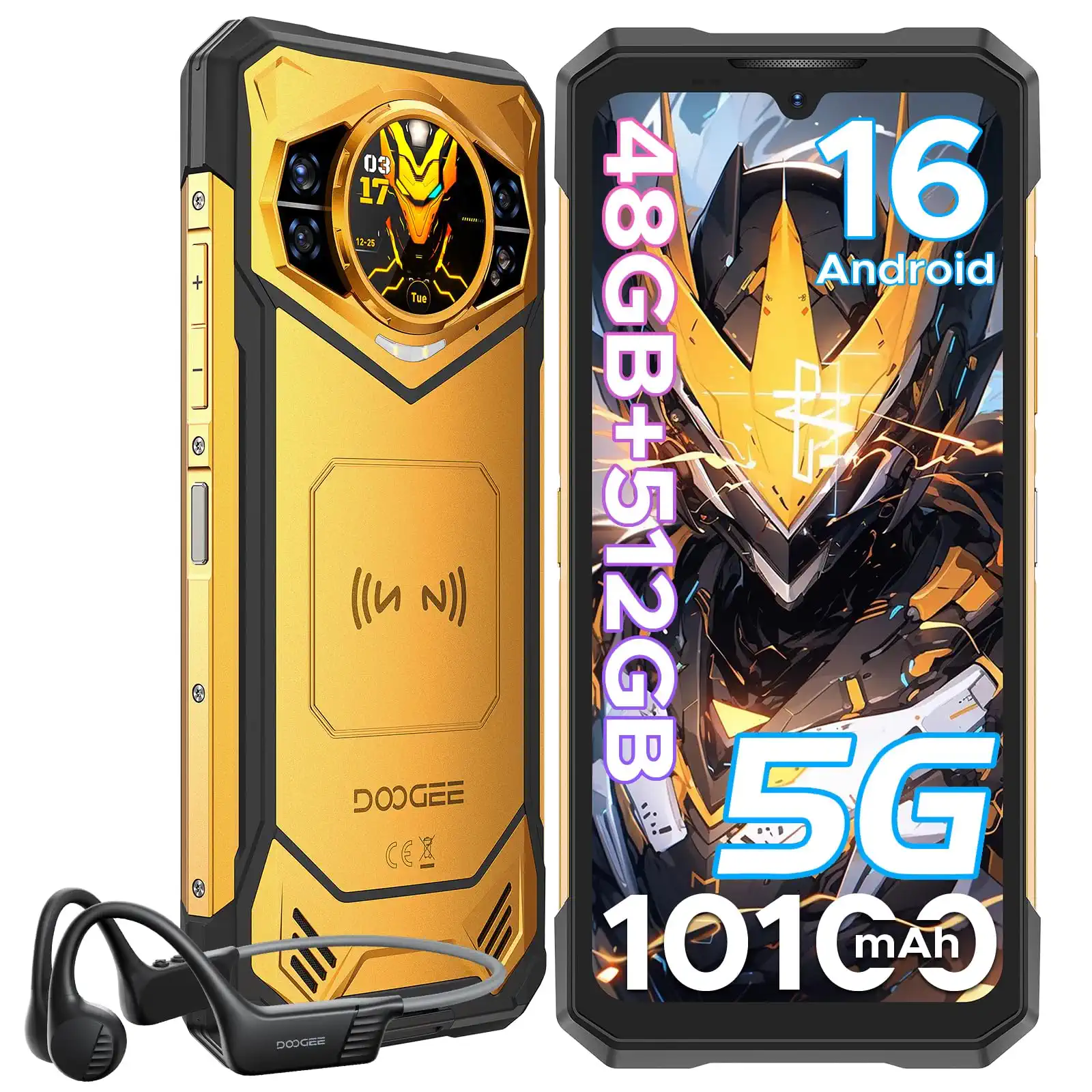 DOOGEE S200 X 5G Outdoor Smartphone Android 16 mit Kopfhörer, 48GB + 512GB Outdoor Handy Ohne Vertrag, 10100mAh, 6.72 Zoll FHD+ 120Hz, 100MP + 1.32” AMOLED Rückseitiger Bildschirm, NFC/WiFi 6/Face ID