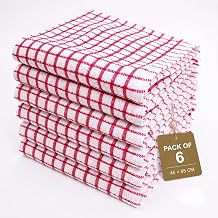Gift Hub Kitchen Tea Towels Set, 100% Cotton Terry Cleaning Cloths | Highly Absorbent Small Check Towels for Drying Dishes & Glassware, Home Essentials | 45 x 65 cm, Red - Pack of 6