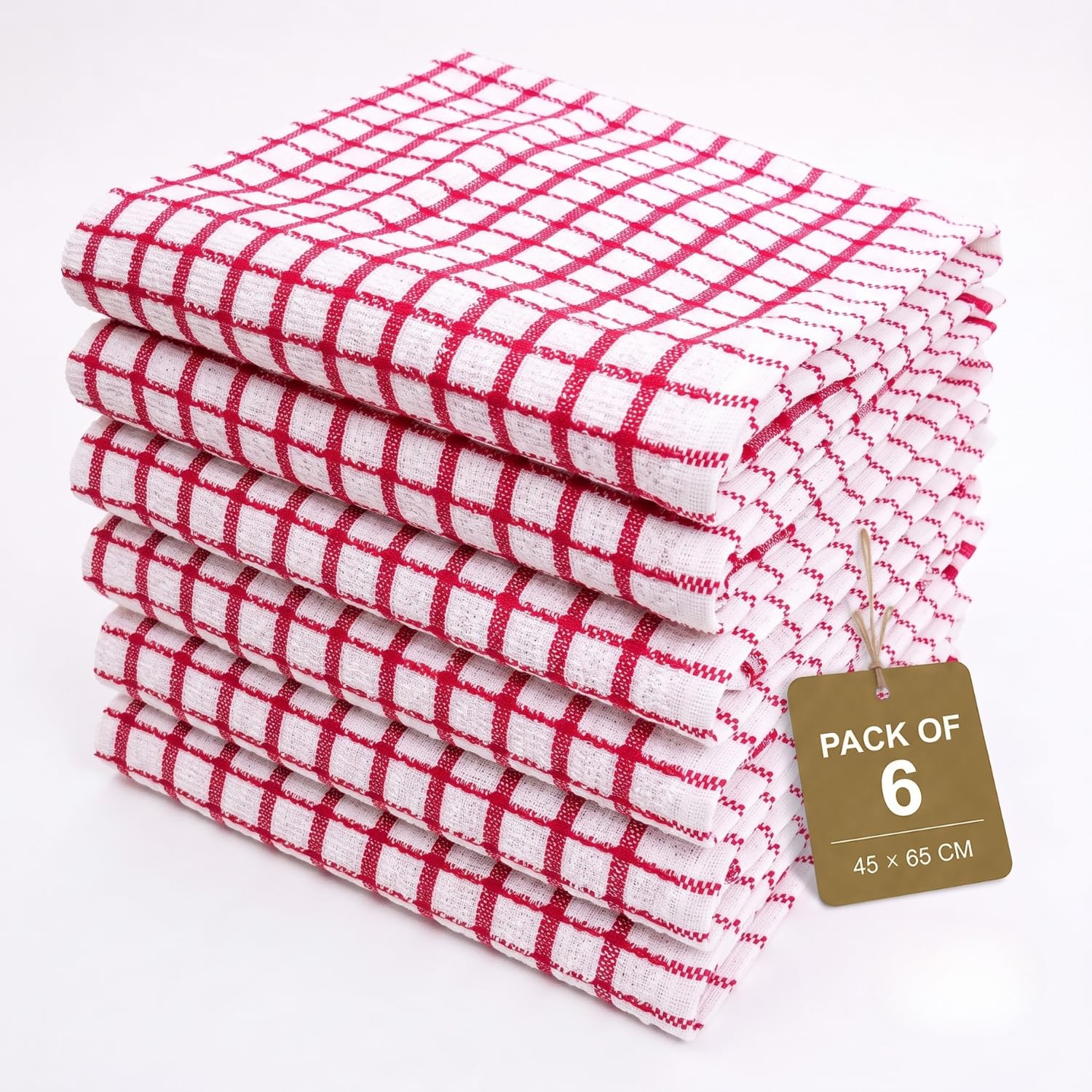 Gift Hub Kitchen Tea Towels Set, 100% Cotton Terry Cleaning Cloths | Highly Absorbent Small Check Towels for Drying Dishes & Glassware, Home Essentials | 45 x 65 cm, Red - Pack of 6