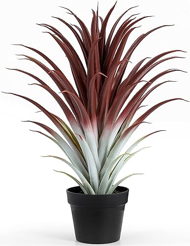 SUNPRAIRIE Planta artificial de aloe vera roja grande hiperrealista de 26 pulgadas de alto. Agave artificial grande en maceta negra mate.