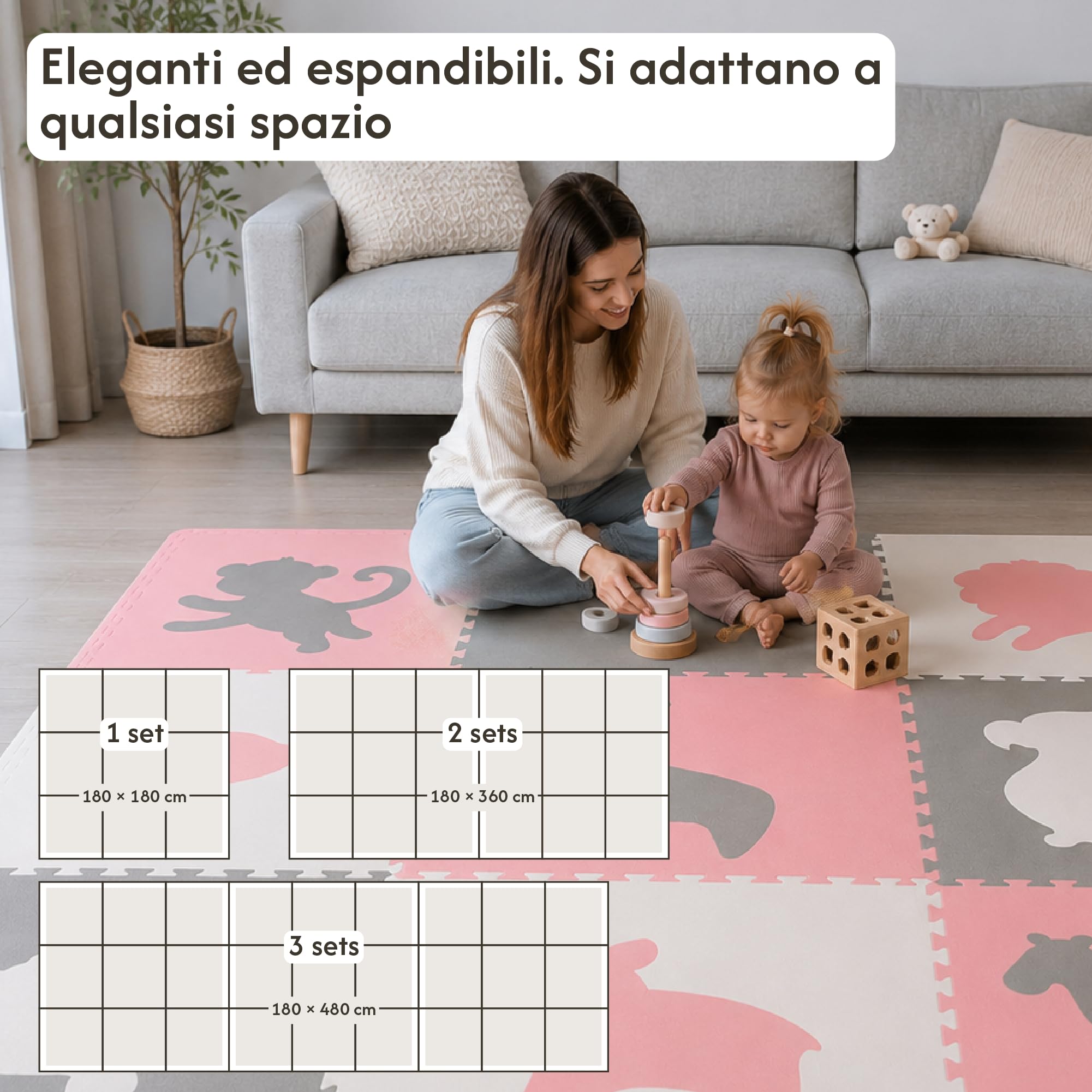 Elegante tappetino puzzle Africa, 180x180 cm, XXL 60x60 cm, 20% più spesso, morbido, privo di sostanze nocive, inodore, facile da pulire