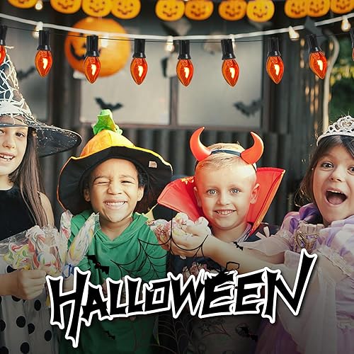 Miniatura 5 de Tira de luces de llama parpadeante, 25 pies C7 naranja de Halloween, luces de llama parpadeante naranja para decoración de exteriores e interiores,