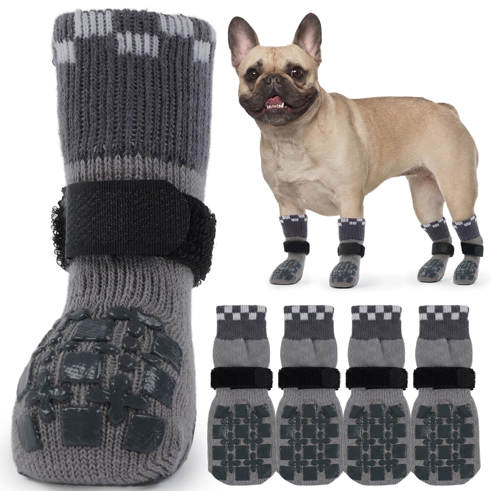 ROZKITCH 2 Pairs Dog Socks Paws Stop Licking, Socks for Injured Paws Double Side Non-Slip Dog Claw Slipper Foot Bandage Paw Protection After Operation on Toe Bichon Frise, French Bulldog Grey M