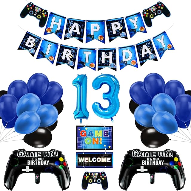 Vubkkty 13th Birthday Decorations for Boys, Gaming Party Decorations Supplies Set, Controller Balloons and Blue Black Balloons, HAPPY BIRTHDAY GAME ON WELCOME Hanging Banner for Boys