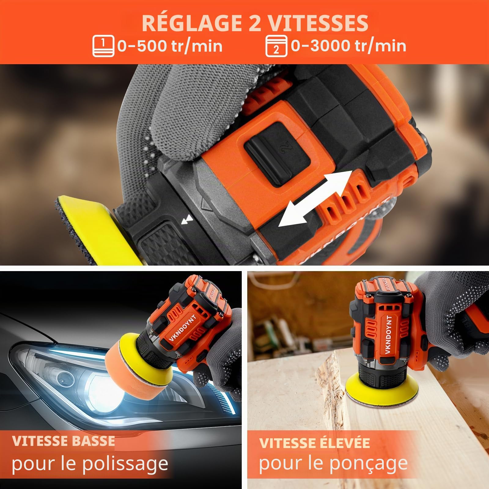 Petite ponceuse sans balais avec 36 papiers de verre, ponceuse sans fil à 2 vitesses variables (0-500/0-3000 tr/min), batterie 3,0 Ah, ponceuse électrique mini au design compact pour bois, métal