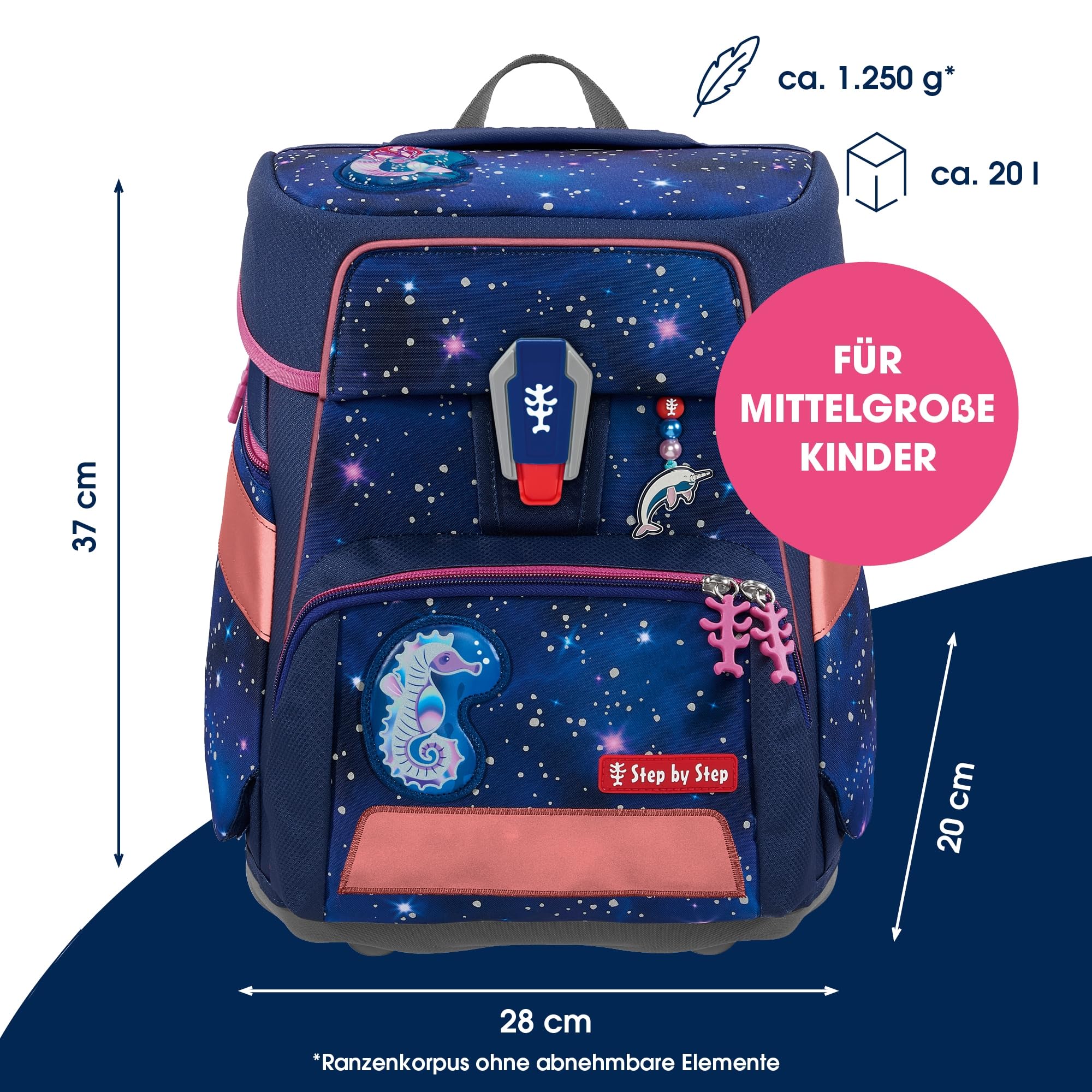 Step by Step Schulranzen-Set Space Reflect „Star Seahorse Zoe“ 5-teilig, ergonomischer Tornister, Reflektoren, höhenverstellbar, Hüftgurt, Grundschule, 1. Klasse, 20L, lila-schwarz