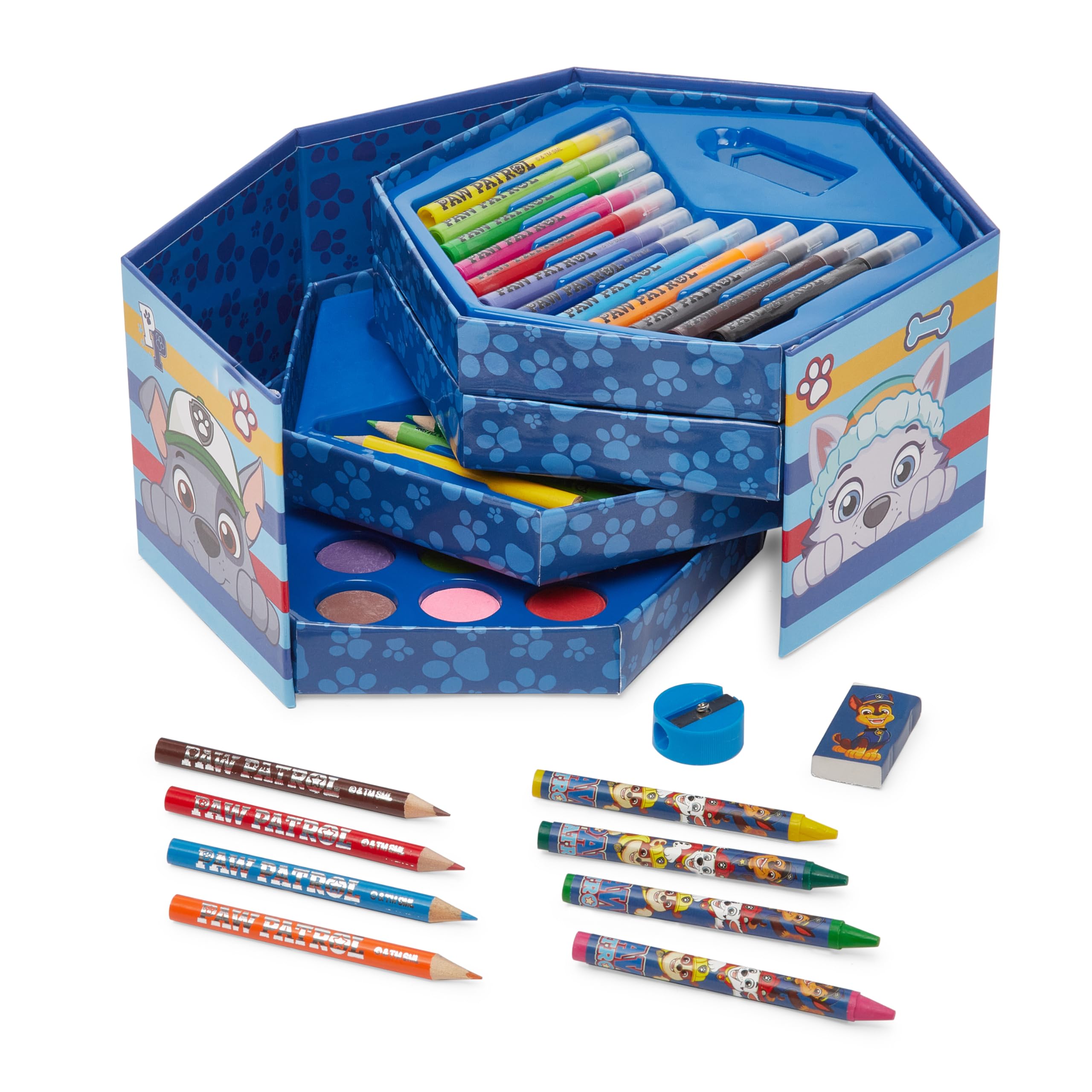 Paw Patrol Colouring Set for Boys - 52 Piece Kids Hexagonal Spiral Art Case with Coloured Pencils, Markers, Paintcakes & Crayons - Complete Arts & Crafts Kit & Easy Storage for Drawing & Painting