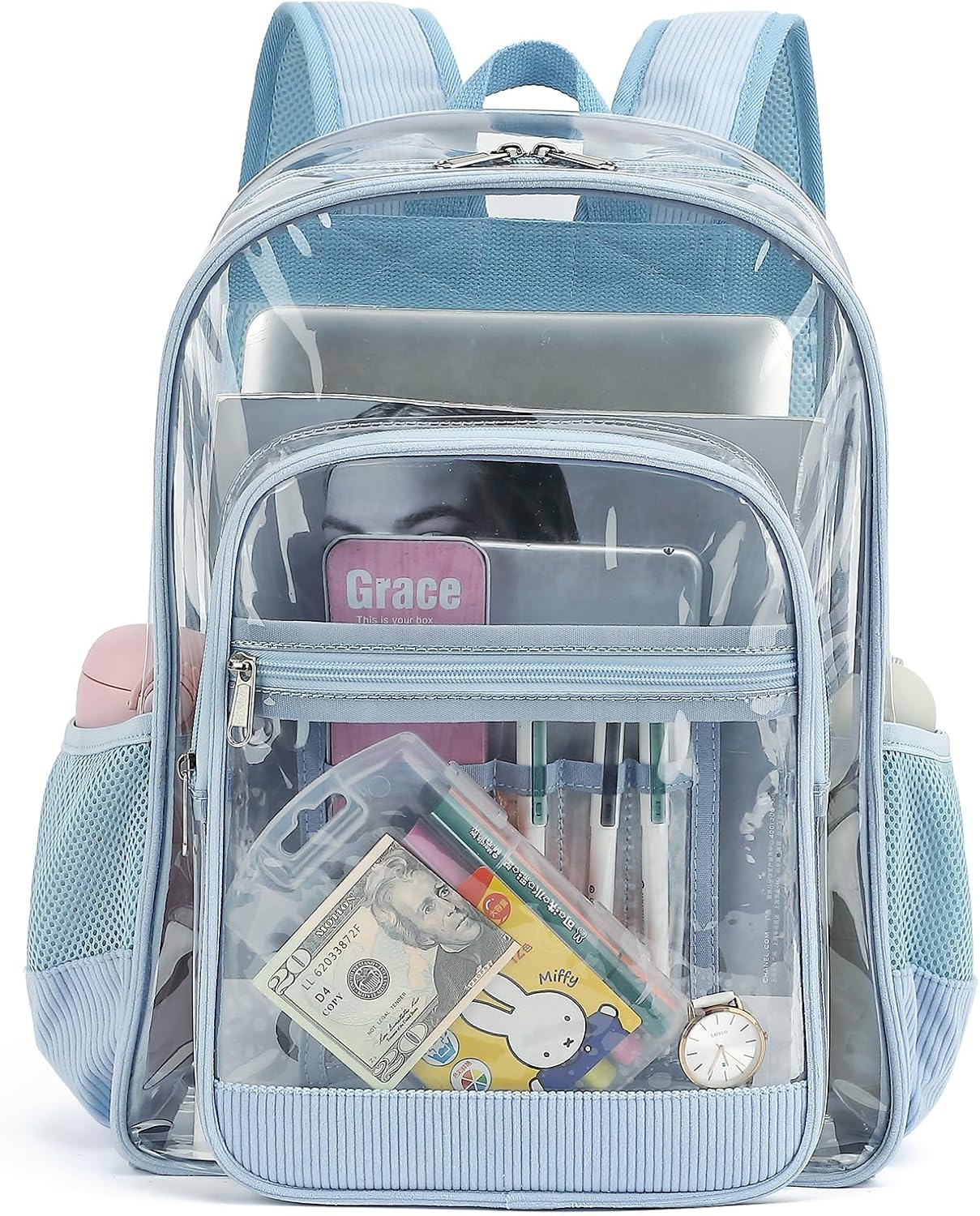 Corduroy Clear Backpack for Girls Women, Heavy Duty Transparent School Backpack PVC See Through College Bookbag (Blue)