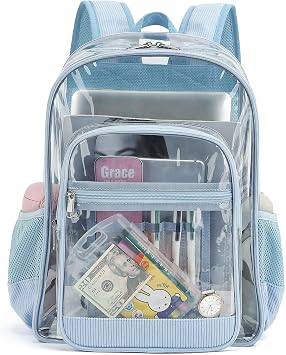 Corduroy Clear Backpack for Girls Women, Heavy Duty Transparent School Backpack PVC See Through College Bookbag Blue