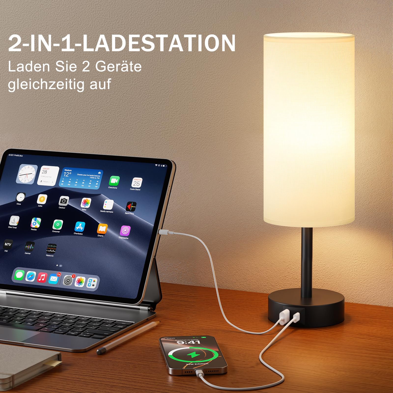 Nachttischlampe Touch Dimmbar, Tischlampe mit USB A+C Ladefunktion, Lampenschirm aus Leinenstoff, Touch Lampe für Nachttisch Wohnzimmer Schlafzimmer Kinderzimmer Büro(Inklusive Birne)