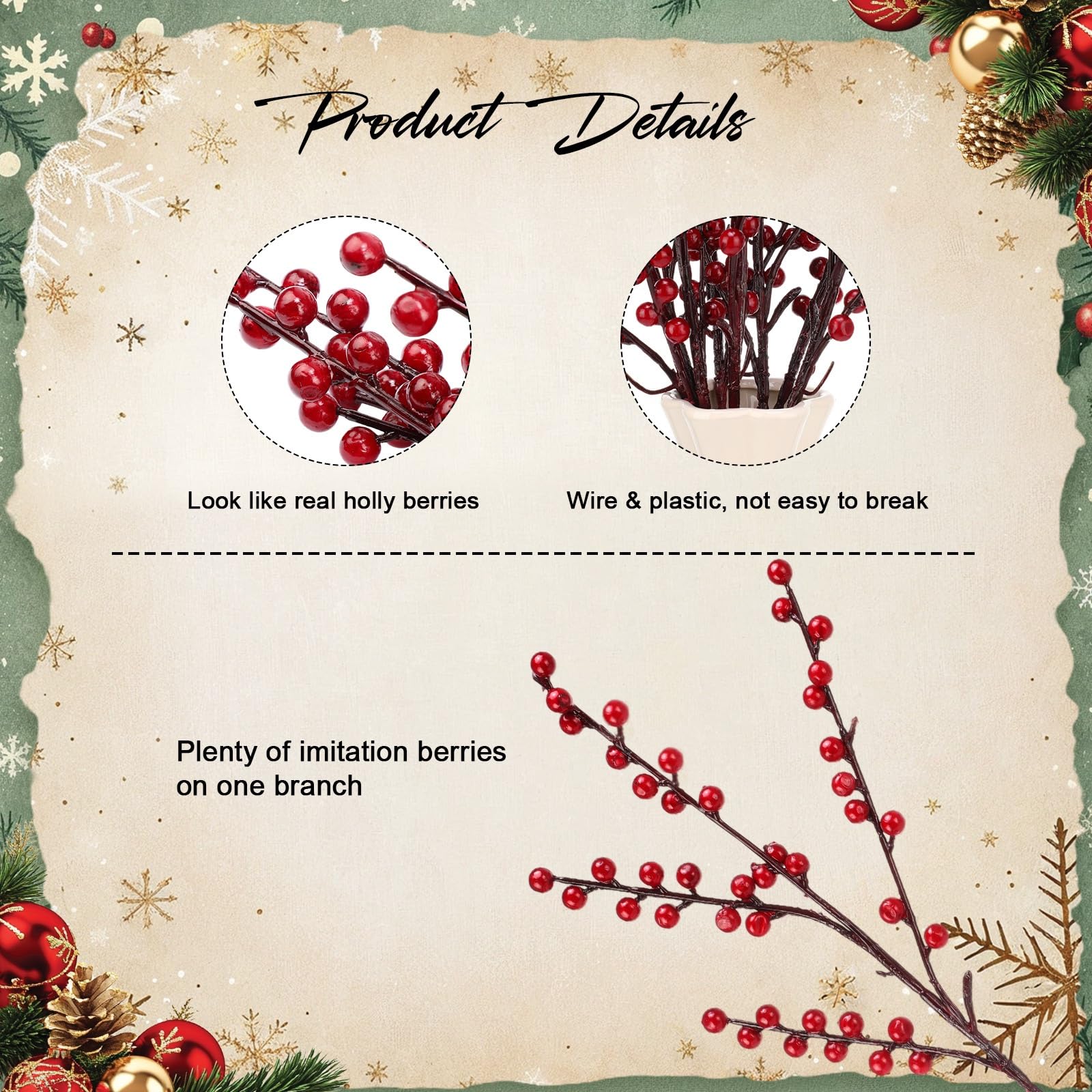 WILLBOND Künstliche rote Beerenstiele, 54 cm, rote Beeren, Stechpalmenbeerenzweige für Weihnachtsbaum, Neujahr, Dekoration, DIY Handwerk (Weinrot, 8 Stück)