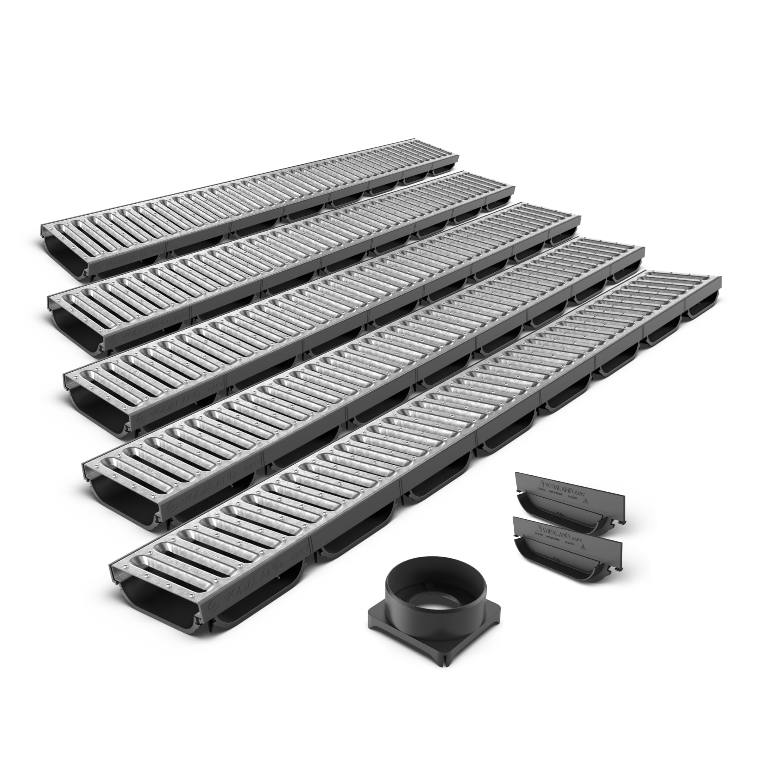 Vodaland EASY Low Plastic channel drain kit with galvanised steel grating - load class A15 (5 Pack)