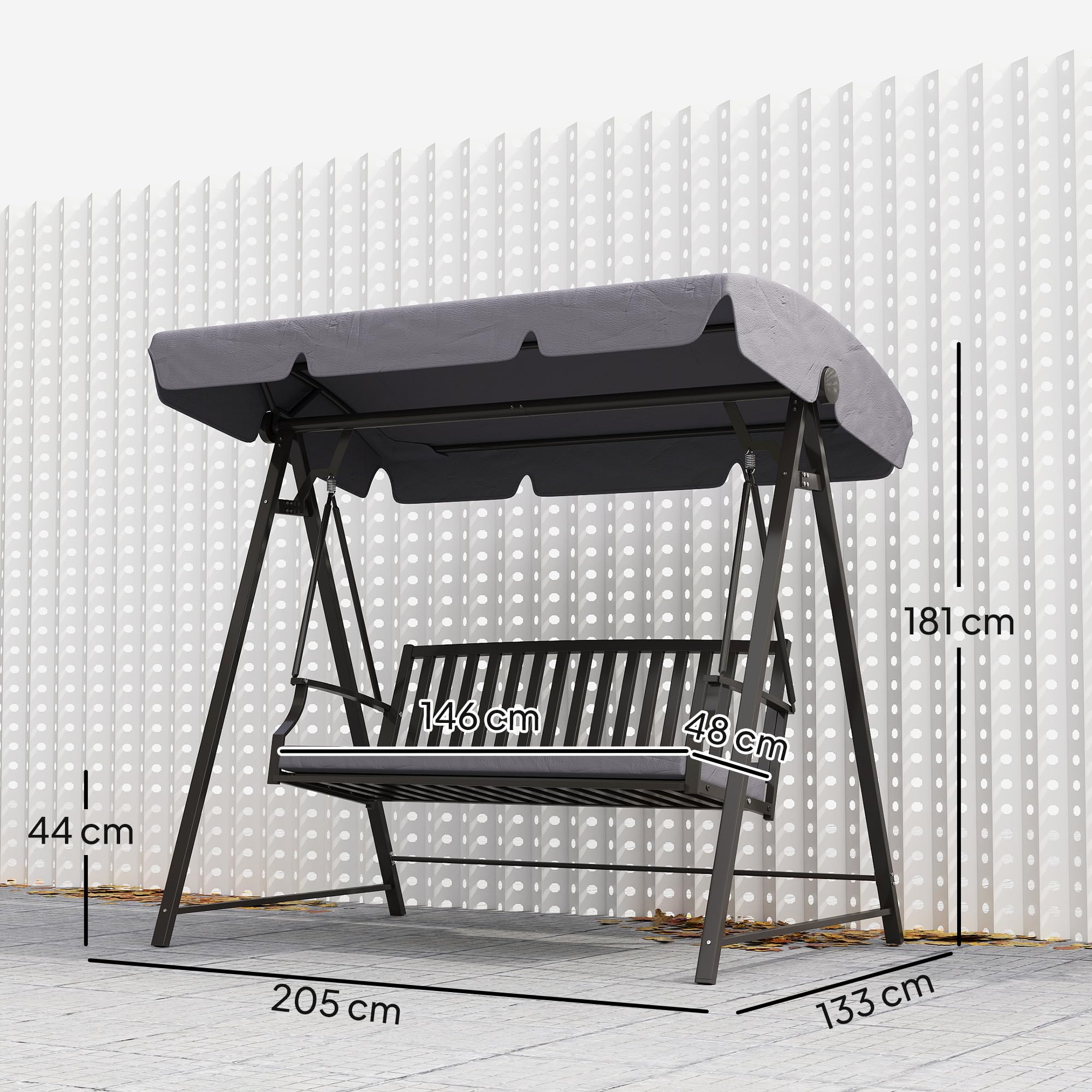 Outsunny Columpio de Jardín Exterior de 3 Plazas Balancín de Jardín Exterior con Toldo Ajustable Cojín y Estructura de Acero Carga 360 kg 205x133x181 cm Gris