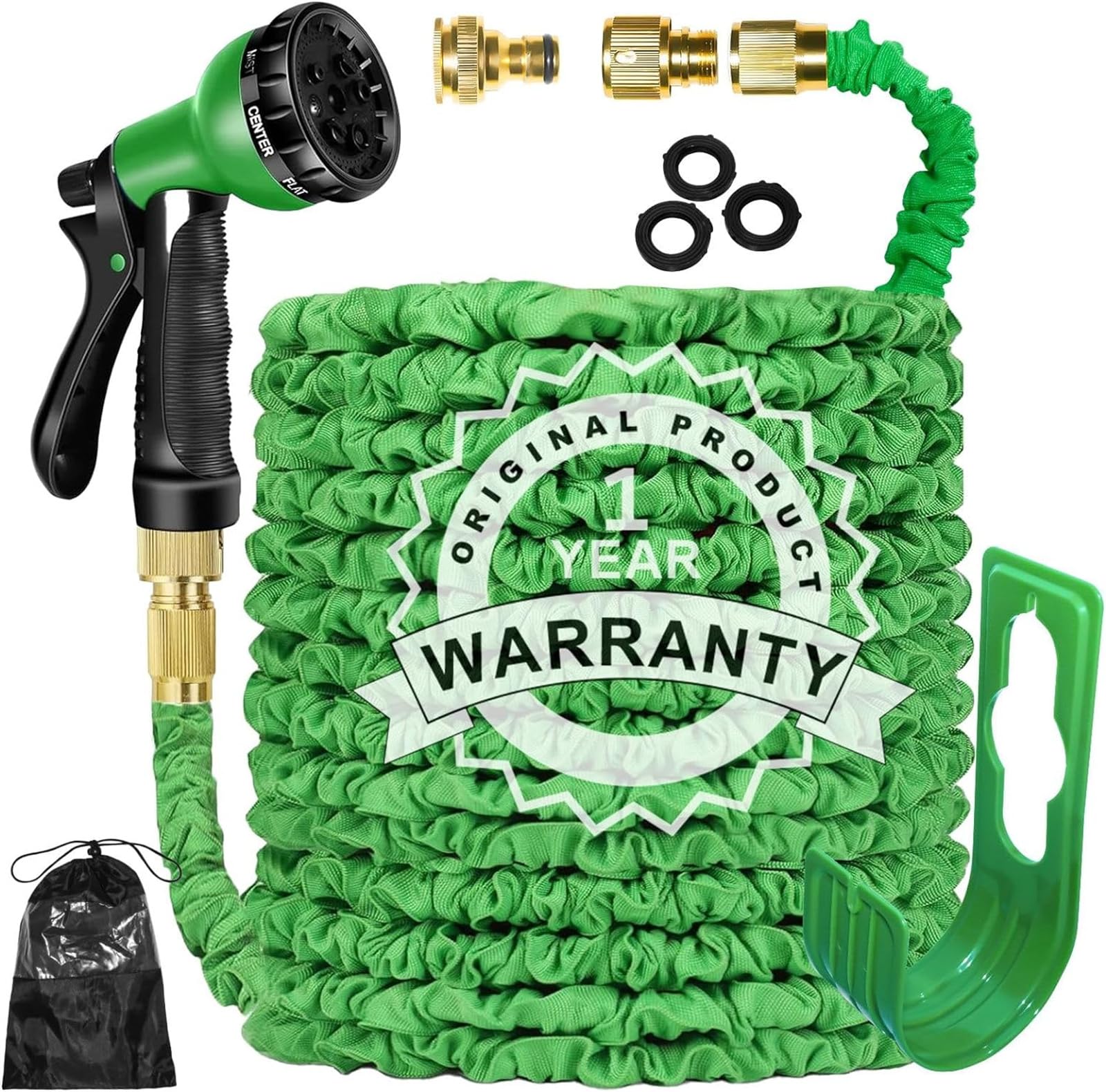 Lingky Green Expandable Garden Hose Pipe 150Ft Flexible Expanding Magic Lightweight Water Hose Anti-Leakage With 3/4" & 1/2" Solid Brass Fittings 8 Function Spray Nozzle (45M/150Ft,)