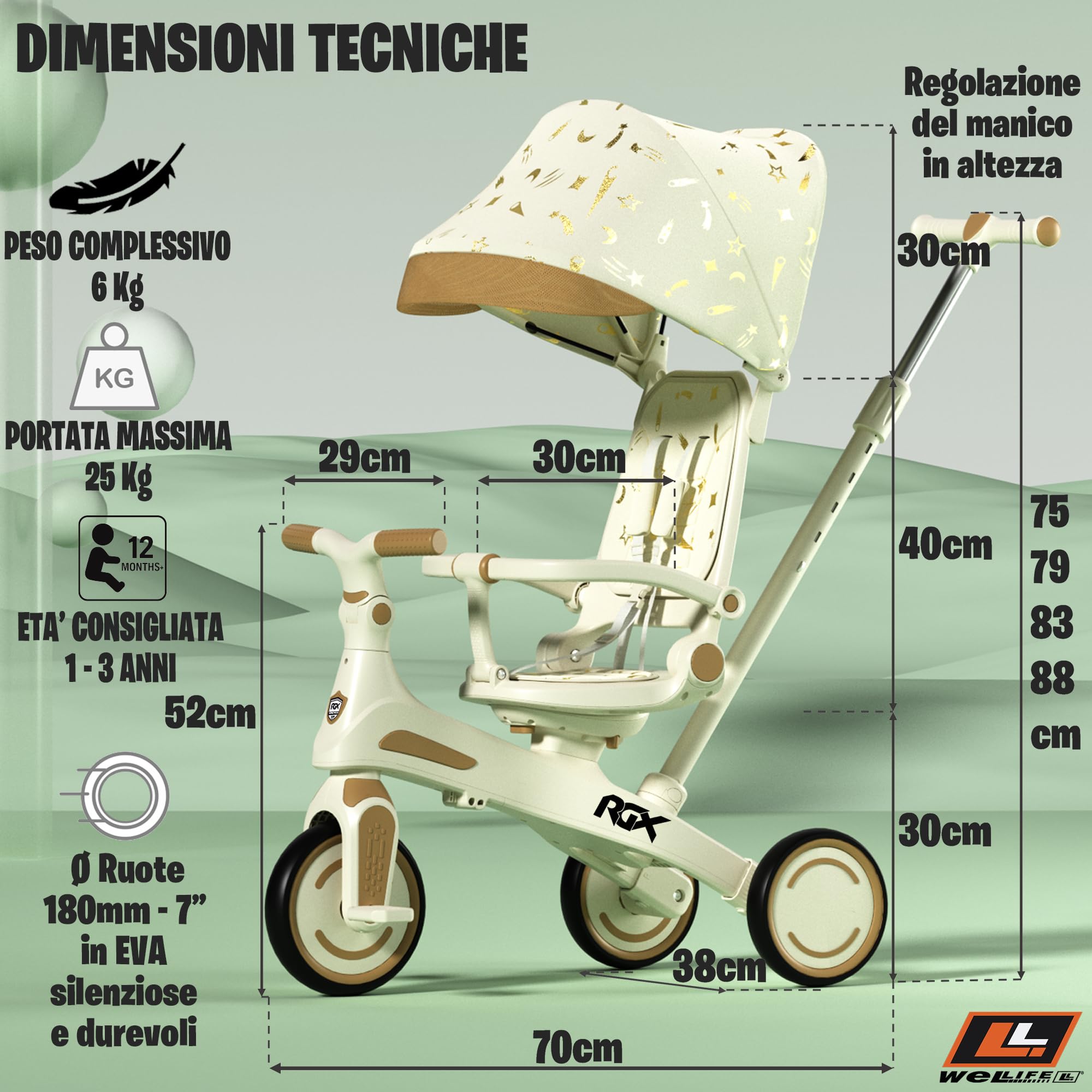 WeLLIFE RGX Triciclo Evolutivo 5 in 1 per Bambini 1-3 Anni | Con sedile girevole 360, maniglione genitore, cappottina parasole, cinture e montaggio senza attrezzi