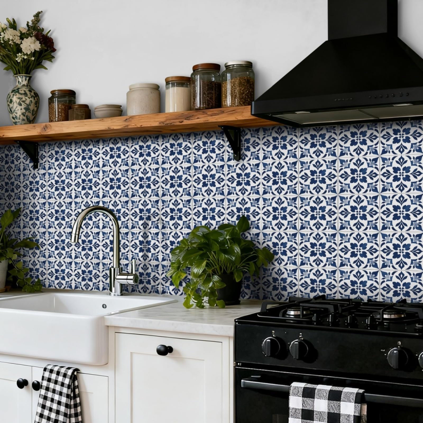 Tile Stickers White Dark Blue Stick on Kitchen Tiles Self Adhesive Wall Tiles PVC Peel and Stick Tile Covers Transfers Oil-Proof Kitchen Splashbacks for Walls Removable 20x20cm/24 Pcs