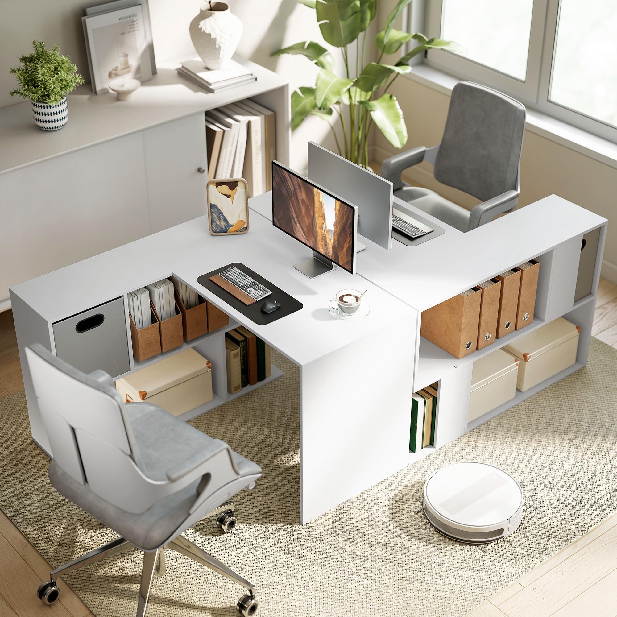 HOMCOM Bureau d'angle Forme L avec Tiroir en Tissu 110 x 100 x 75 cm Blanc