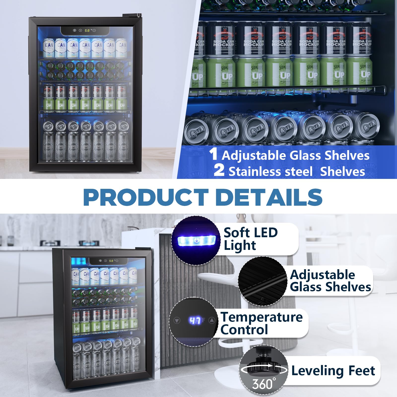 Joy Pebble Beverage Refrigerator Cooler,2.6 Cu.Ft 95 Can Mini Fridge With Glass Door For Beer Soda Wine, Small Drink Fridge With Adjustable Thermostat, For Bar Home Office,Black on Fridge.com - View 5