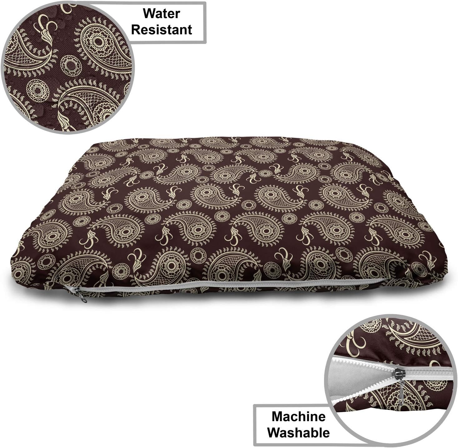 review Ambesonne Brown Paisley Pet Bed, Continuous Tattoo Oriental Motifs Dark Tones Illustration, Chew Resistant Pad for Dogs and Cats Cushion with Removable Cover, 24