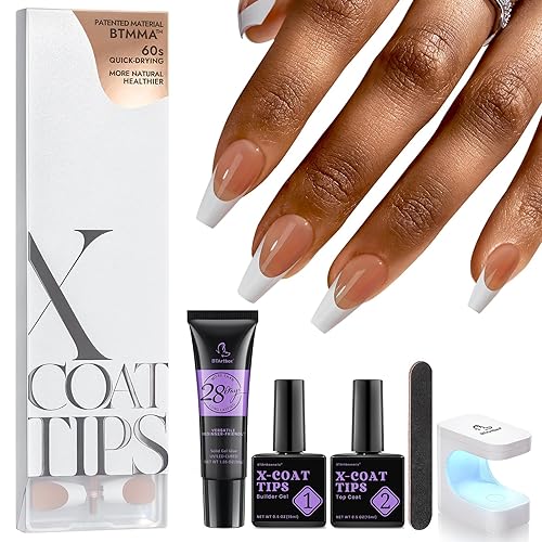 BTArtboxnails XCOATTIPS - Kit de uñas de gel francesas a presión con punta francesa de ataúd mediano color marrón XCOATTIPS preaplicada y capa base,