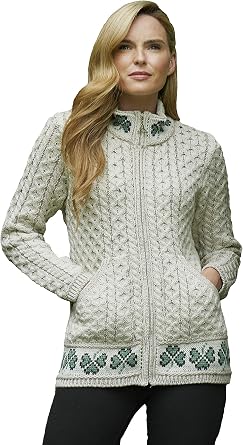Aran Crafts Womens Cable Knit Soft Shamrock Zip Cardigan 100% Merino Wool