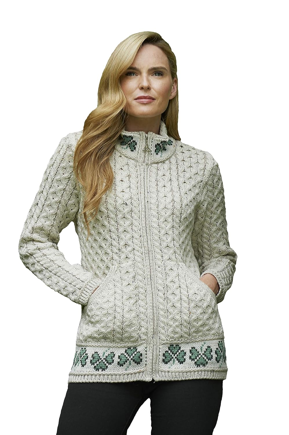 Aran Crafts Womens Cable Knit Soft Shamrock Zip Cardigan 100 Merino Wool