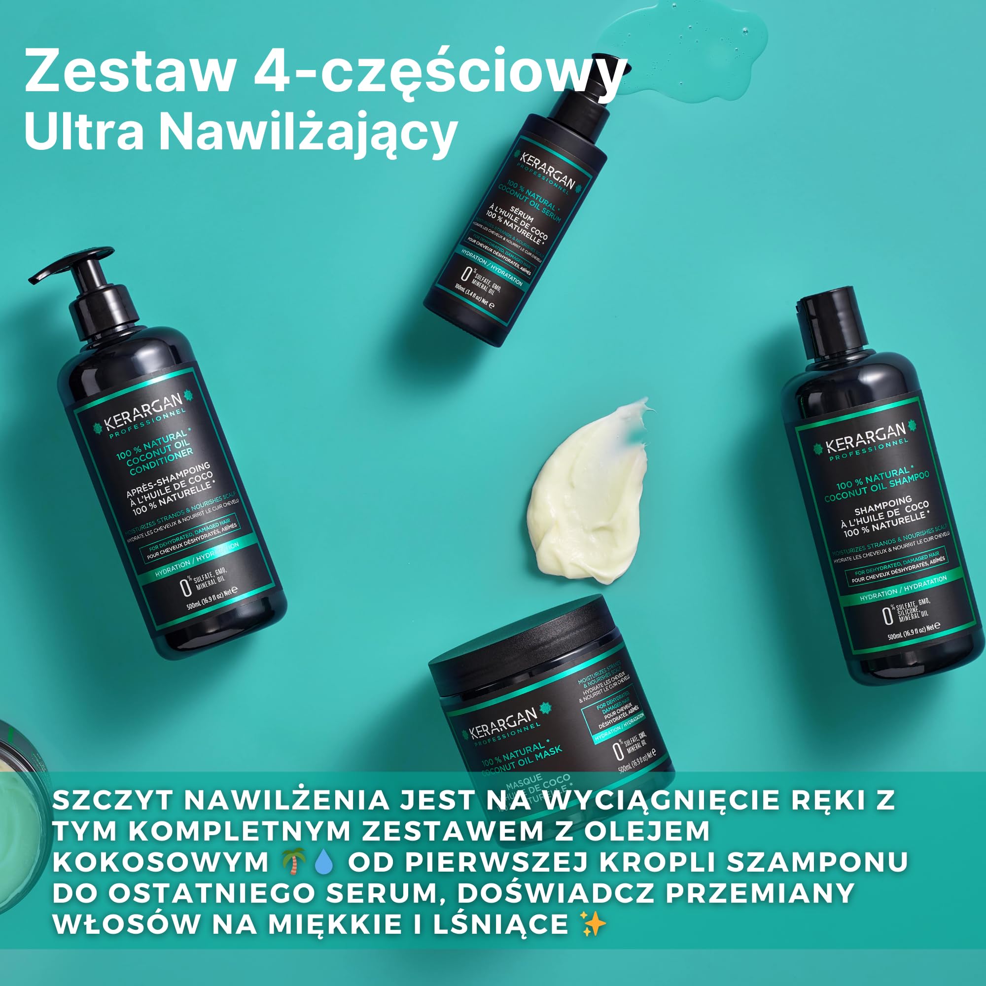 Kerargan - Zestaw Nawilżający Szampon, Odżywka, Maska i Serum z Olejem Kokosowym - Kompleksowa Pielęgnacja dla Włosów Odwodnionych, Zniszczonych - Bez Sulfatów, GMO, Silikonu - 3x500 ml + 100ml