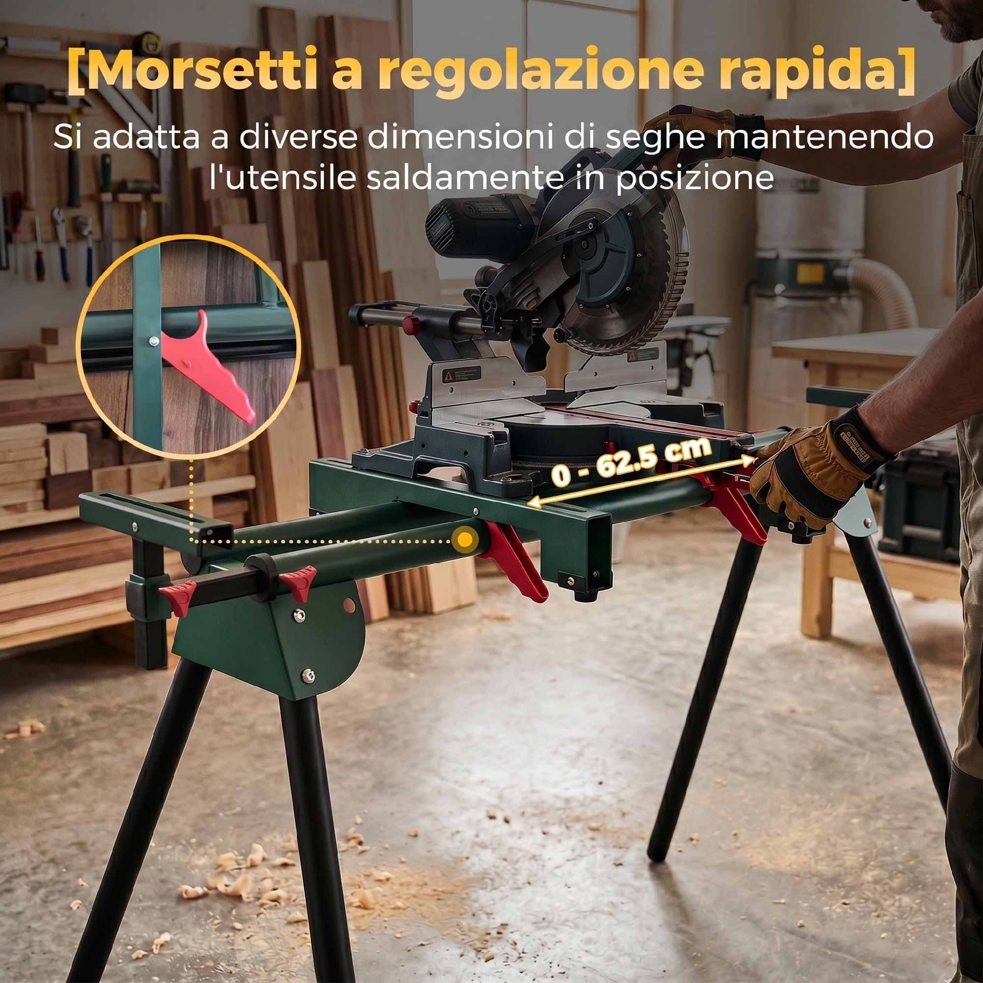 HOMCOM Halterung für Gehrungssäge mit ausziehbaren Rollen, max. 150 kg, Grün | Holzspalter mit klappbaren Beinen, Höhe und Breite verstellbar, für Sägearbeiten