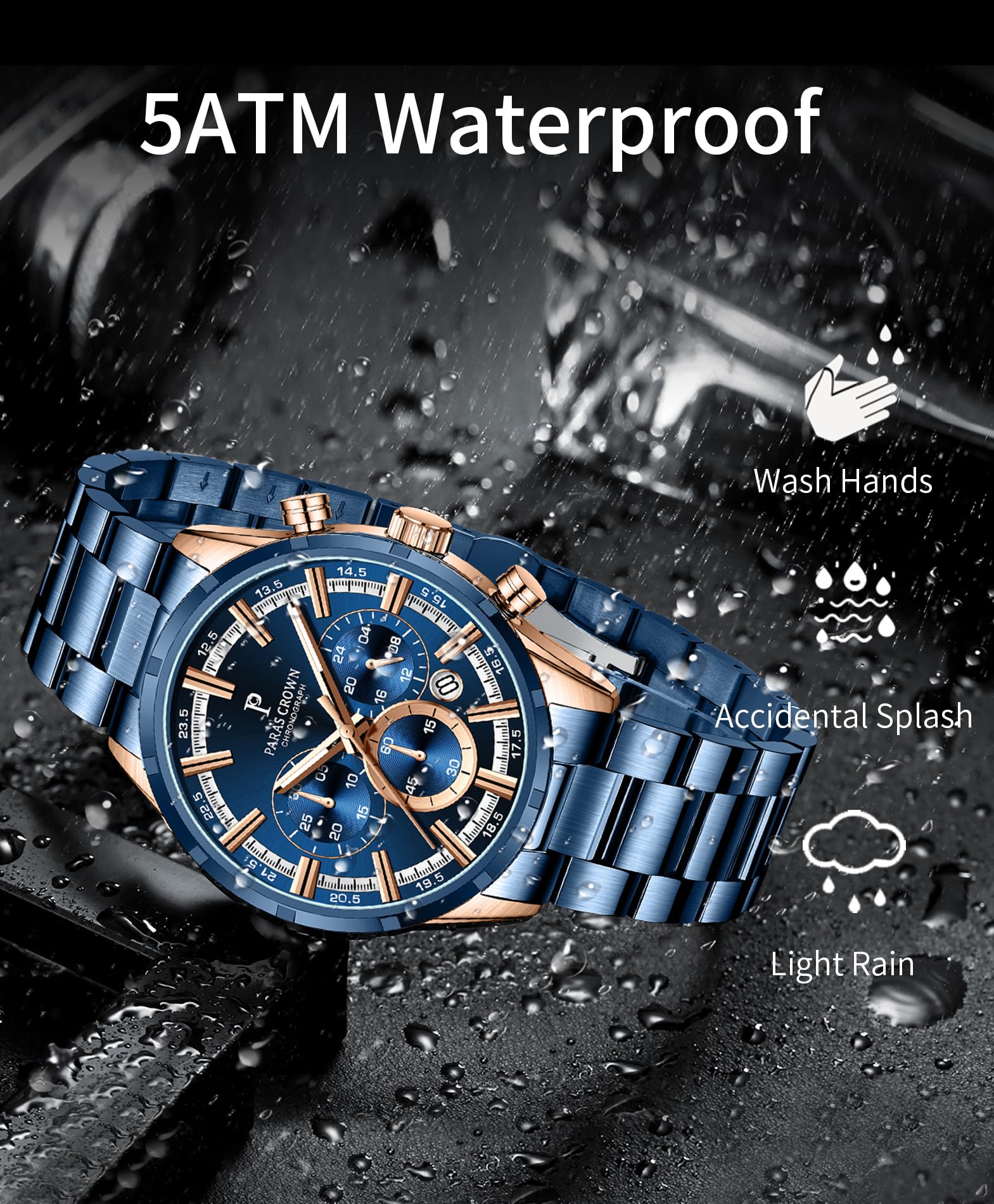 PC PARAS CROWN Orologio Uomo con Movimento al Quarzo Giapponese Cronografo Resistente all'Acqua 5 ATM Cassa in Acciaio Classico Elegante Orologio Cinturino in Silicone