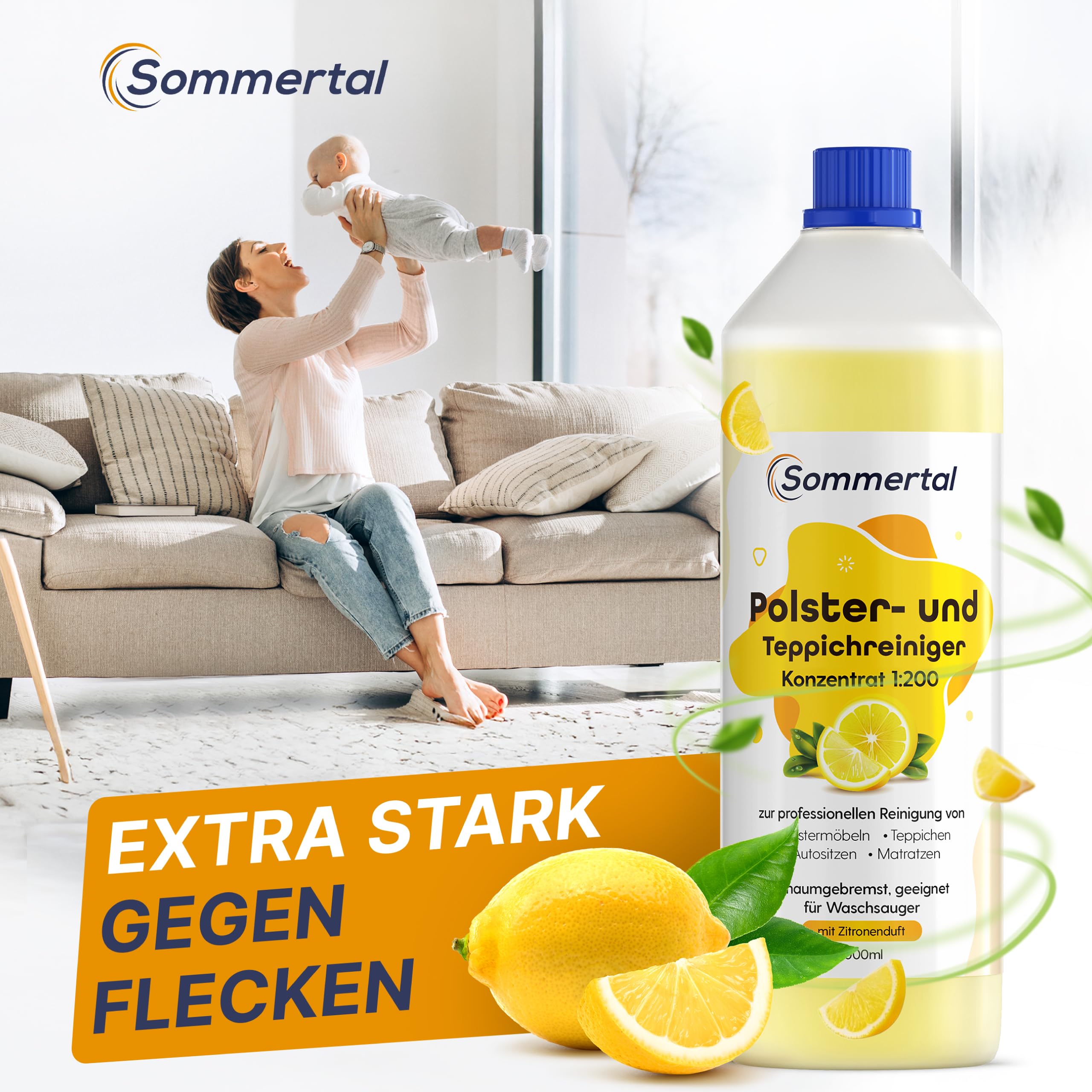 Sommertal Nettoyant professionnel concentré pour tissus d'ameublement et tapis, 1 l, pour plus de 40 lavages, convient pour canapé, coussins, sièges de voiture, tapis, matelas, aspirateur humide et