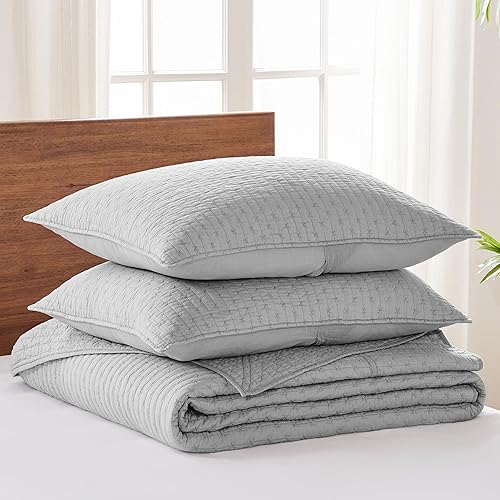 Miniatura 3 de Levtex Home - Juego de colcha de punto de cruz gris claro - Colcha matrimonial y dos fundas estándar - Patrón de punto de cruz - Colcha (100 x 104