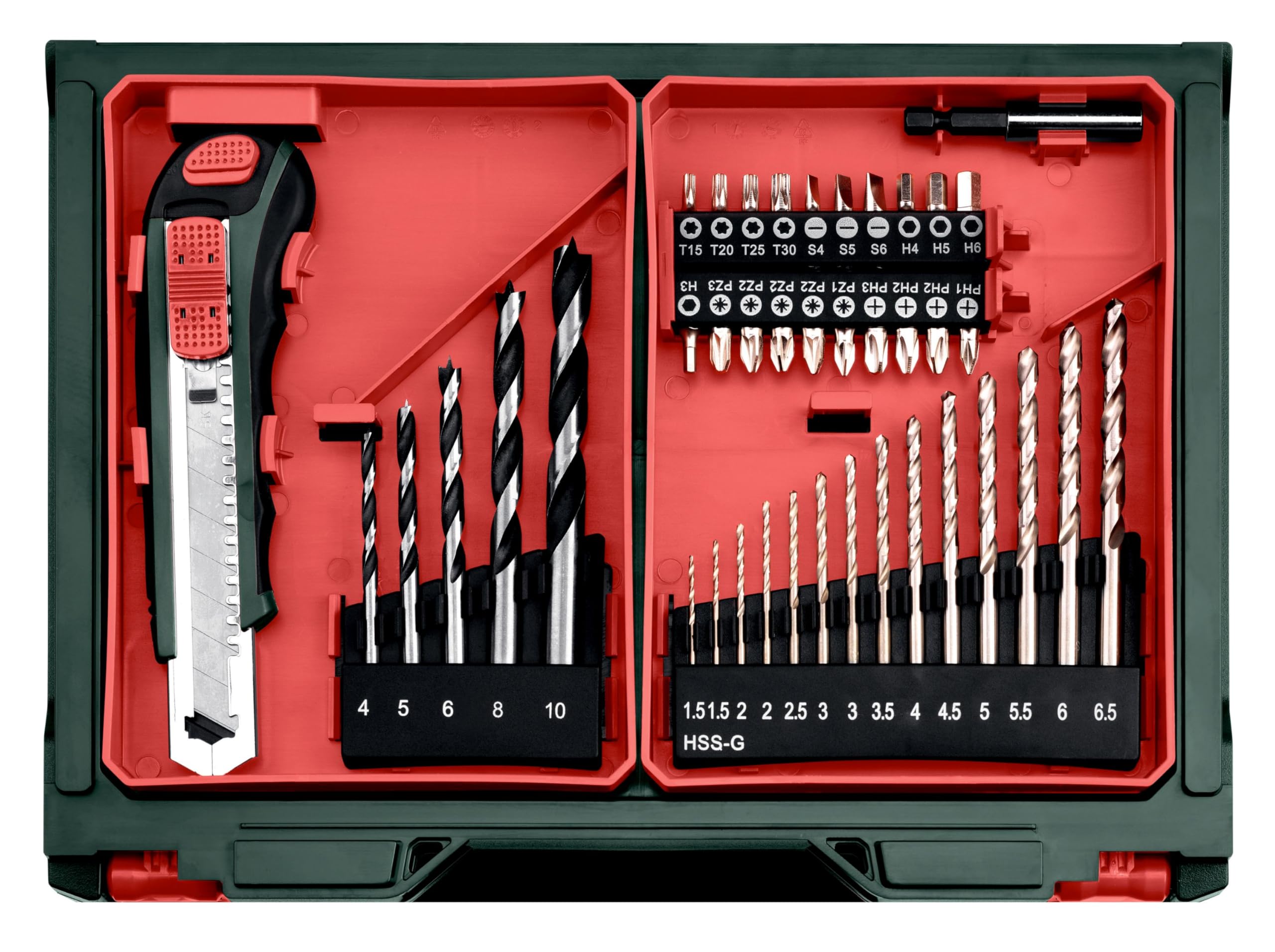 metabo Akku-Bohrschrauber PowerMaxx BS Basic Set, 12 V Bohrer & Schrauber | Inkl. 2 Akkus 2,0 Ah, Ladegerät, 41-teiliges Zubehör-Set, 34 Nm, 2 Gänge, LED, Gürtelhaken, im Kunststoffkoffer