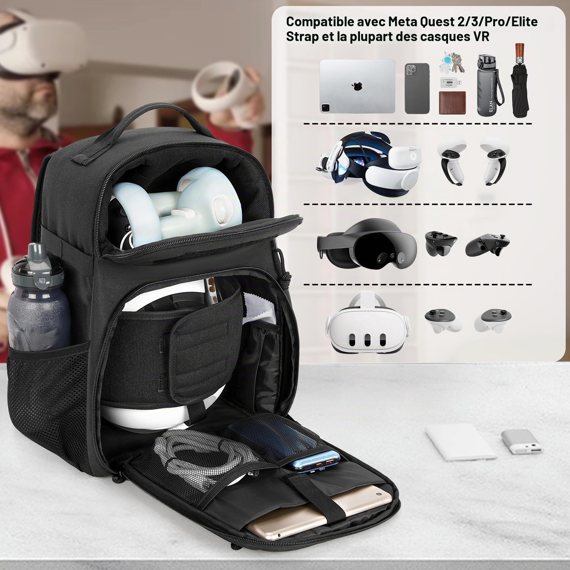 PGmoon Sac à Dos Tactique Compatible avec Meta Quest 2/Quest 3/Quest Pro | Sac de Transport Compatible avec VR Elite Strap avec Plusieurs Poches pour Contrôleurs et Accessoires ( Conception Brevetée )